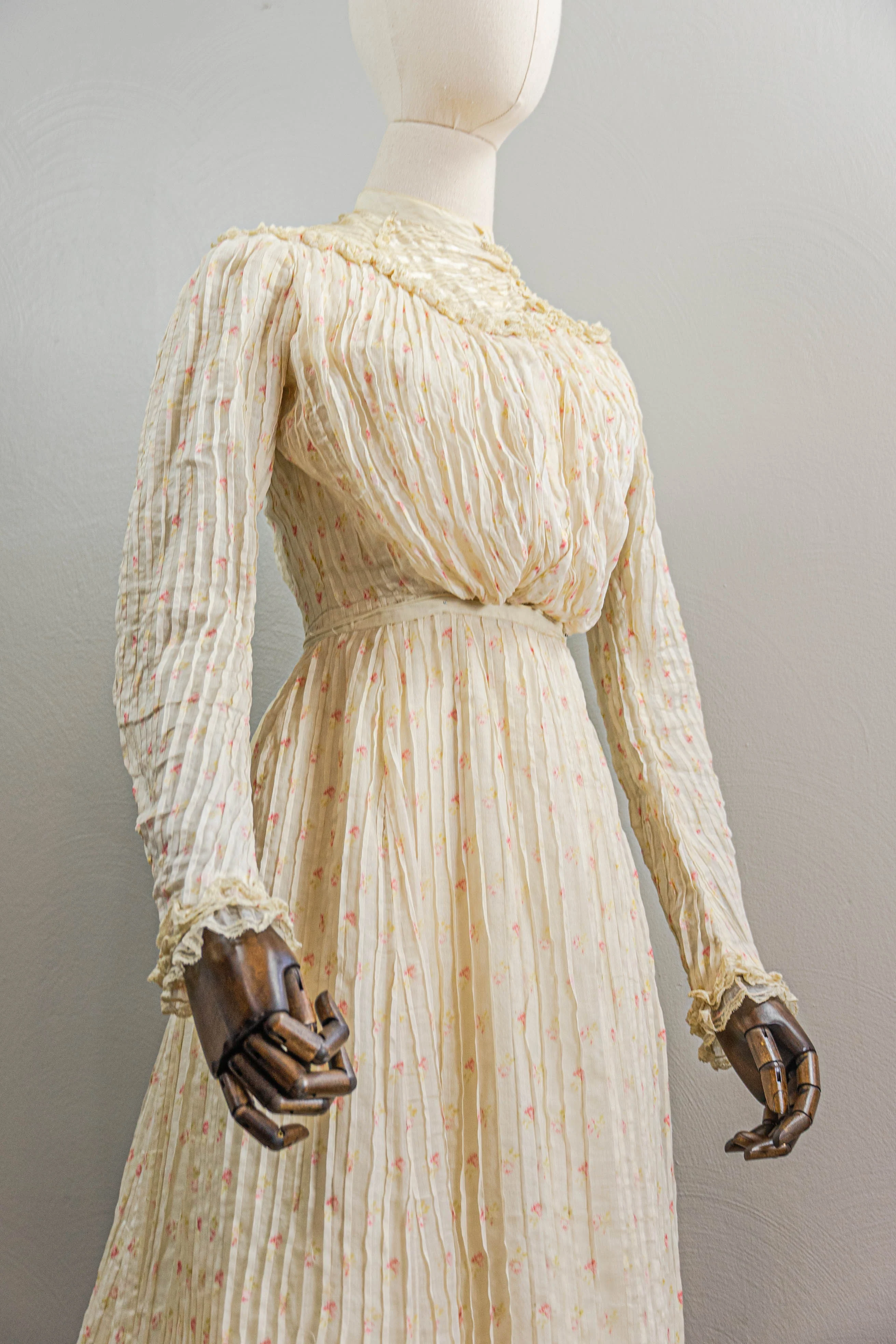 Edwardian Romantic Rose Printed Cotton Dress Pin-tucking - Image 4