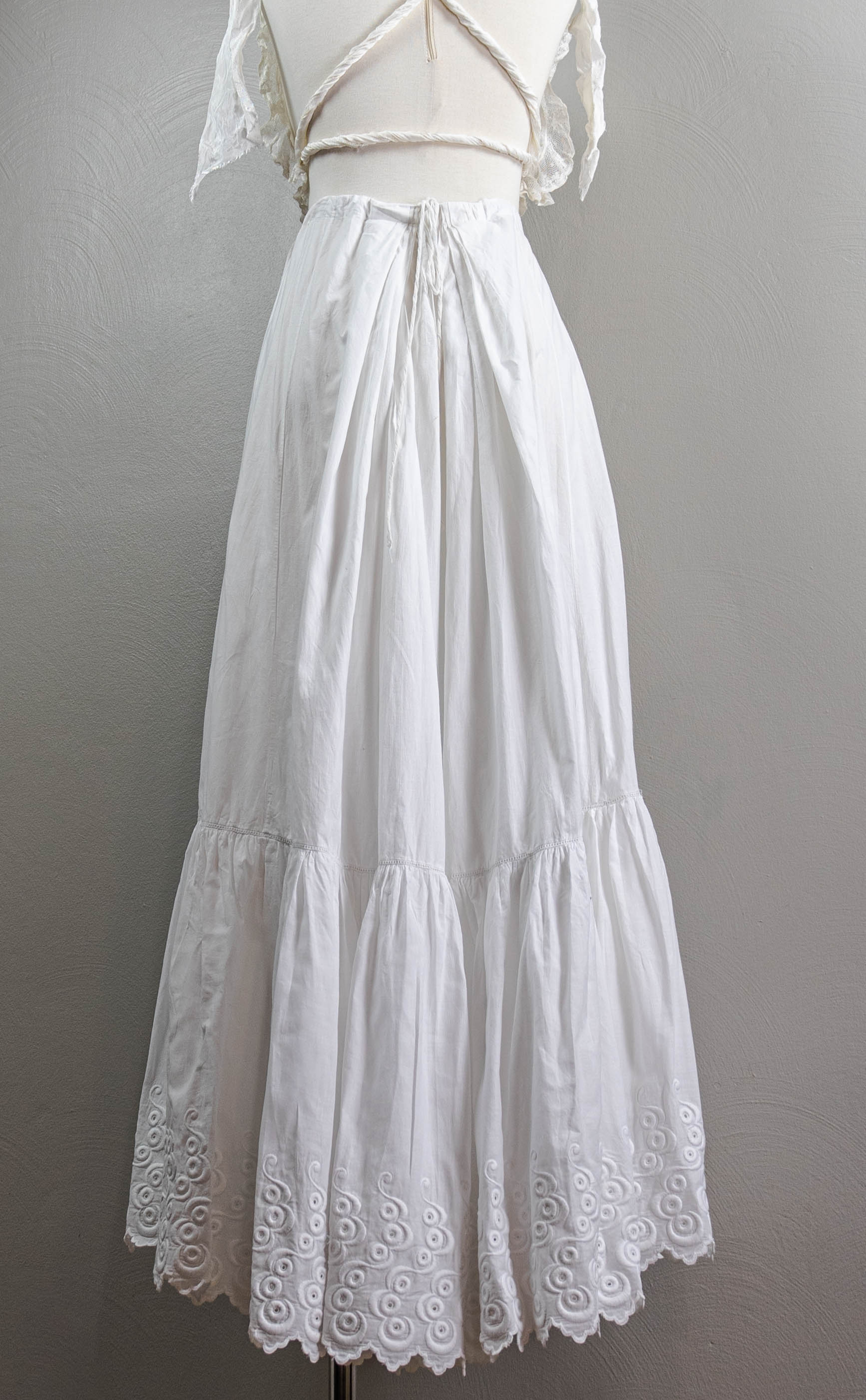 Edwardian Ruffly White Cotton Skirt Embroider Hem, Train - Image 6