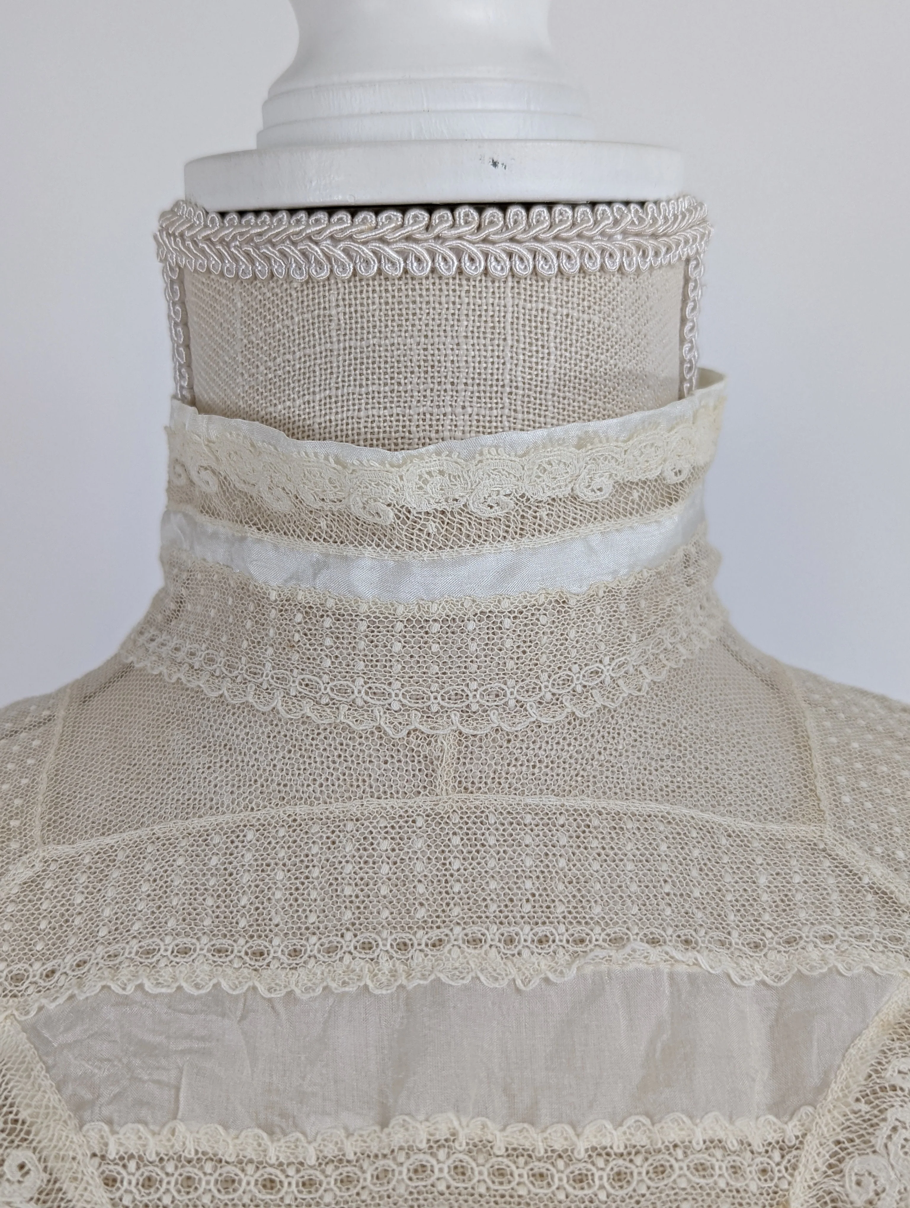 Edwardian Silk Blouse with Delicate Lace and Hand Sewn Details with High Collar | 10s Rare Collectors Antique - Image 3