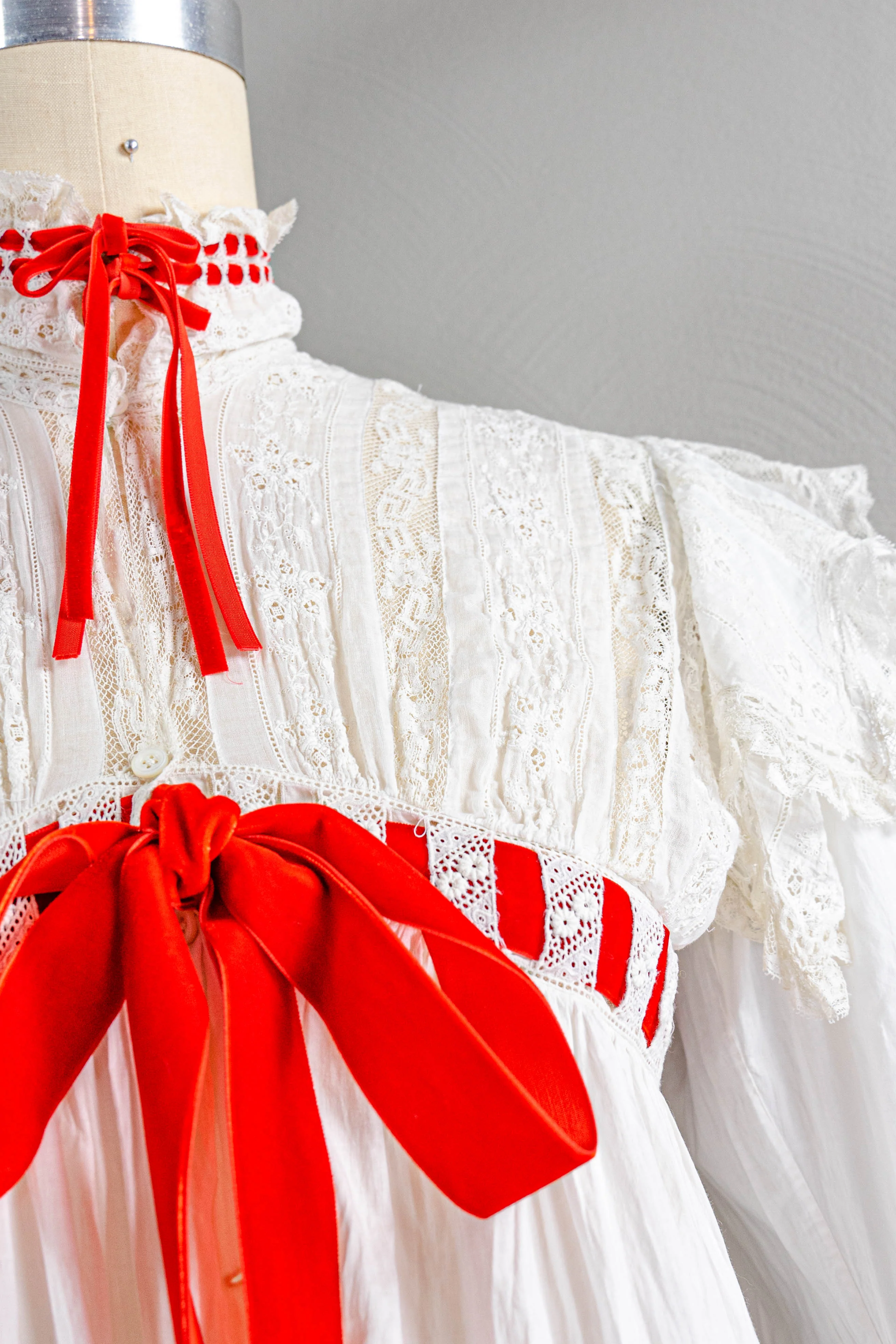 Edwardian Stunning Cotton Nightgown Silk Ribbons With Train - Image 4