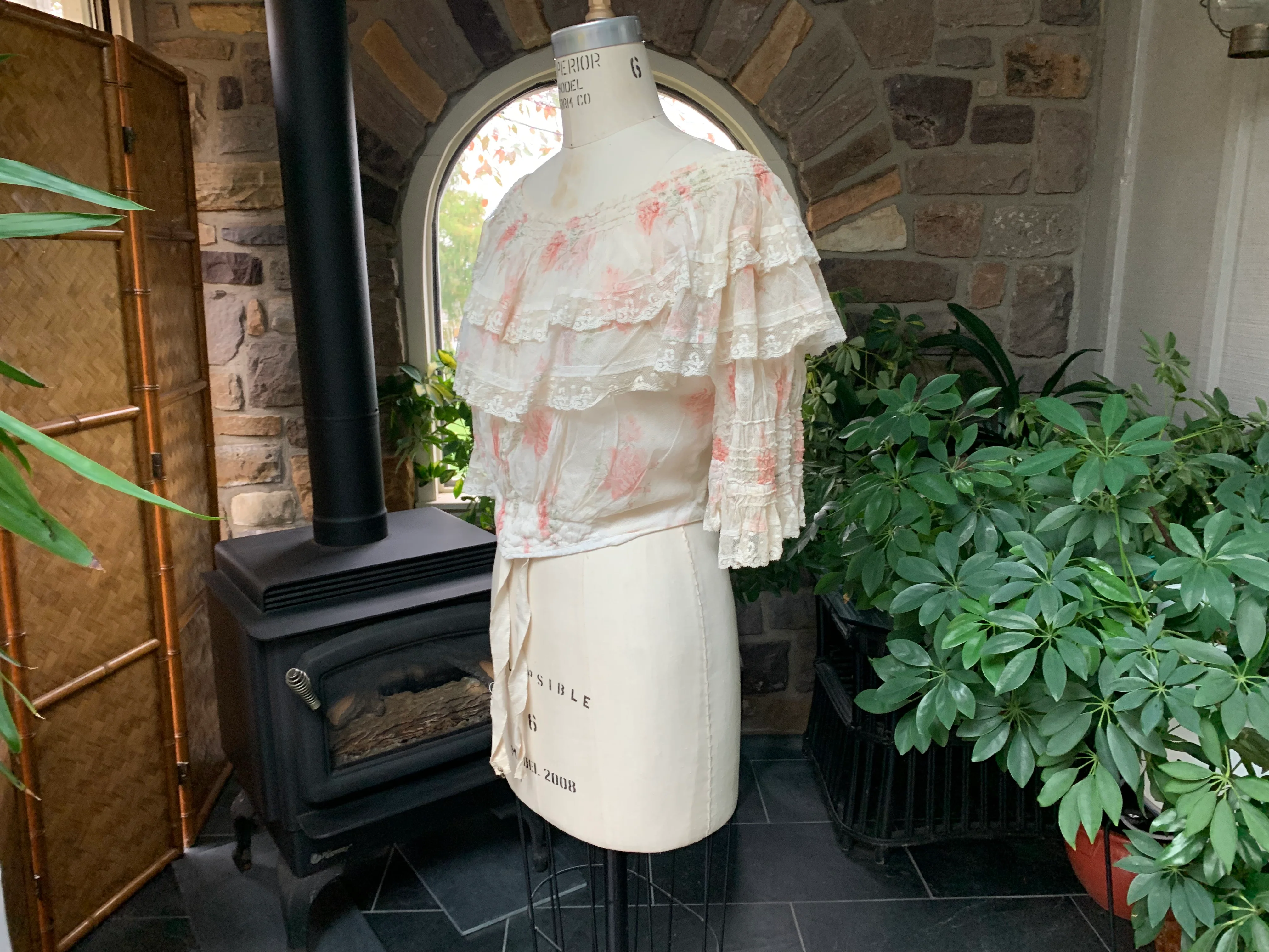 Edwardian/Victorian Ivory Cotton Netting With Pink Rose Print Blouse - Image 5