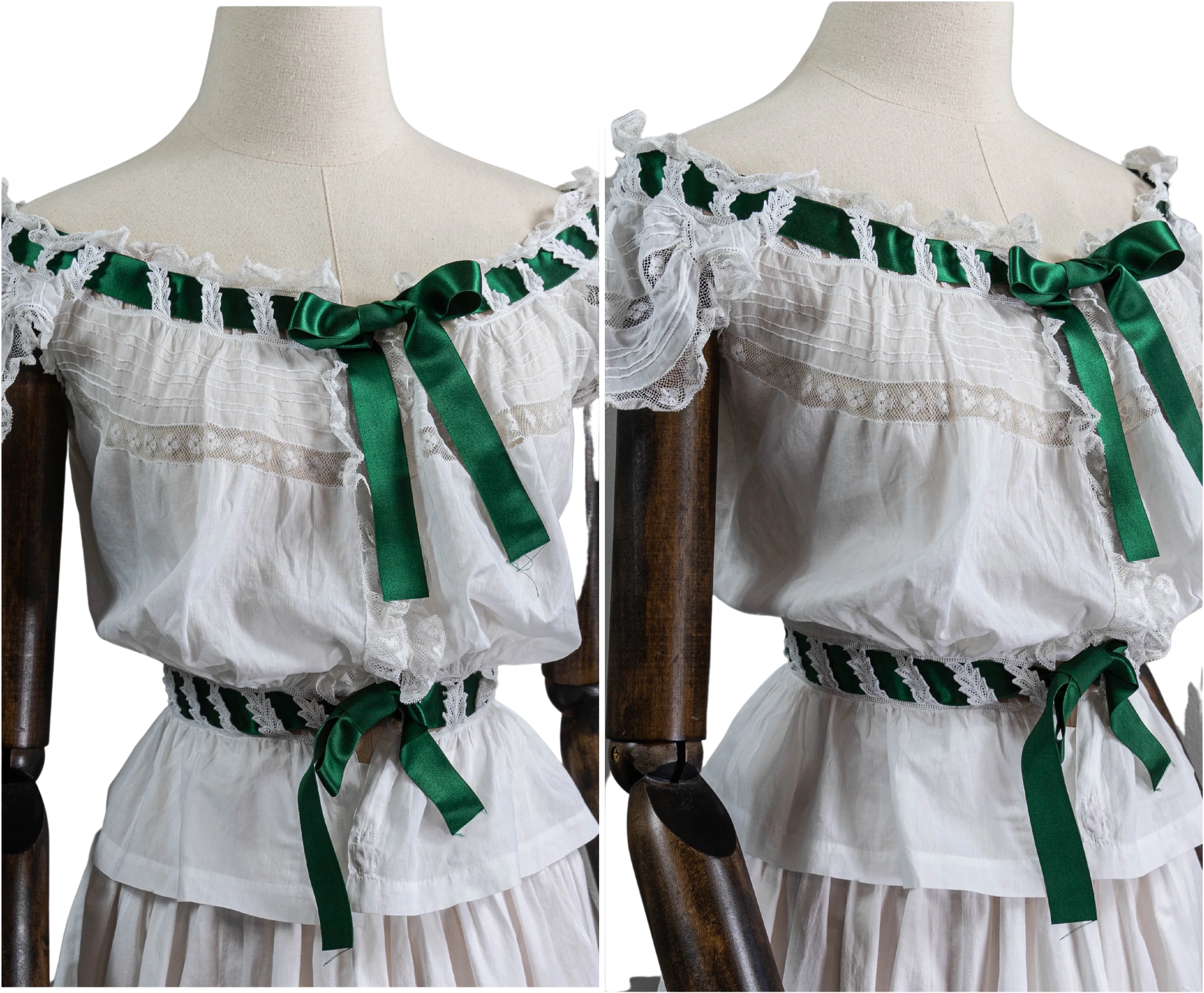 Edwardian/Victorian White Cotton Corset Cover Hand Sewn Green Ribbon