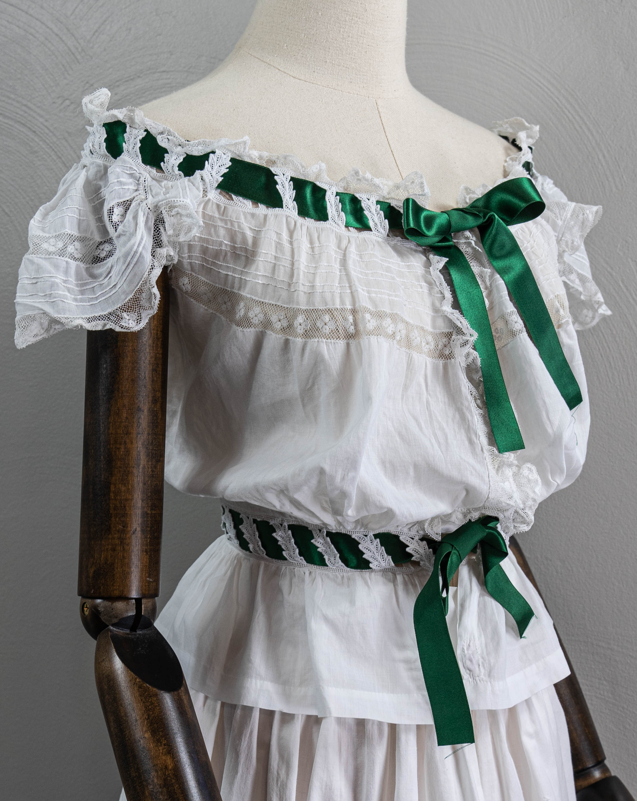 Edwardian/Victorian White Cotton Corset Cover Hand Sewn Green Ribbon - Image 3