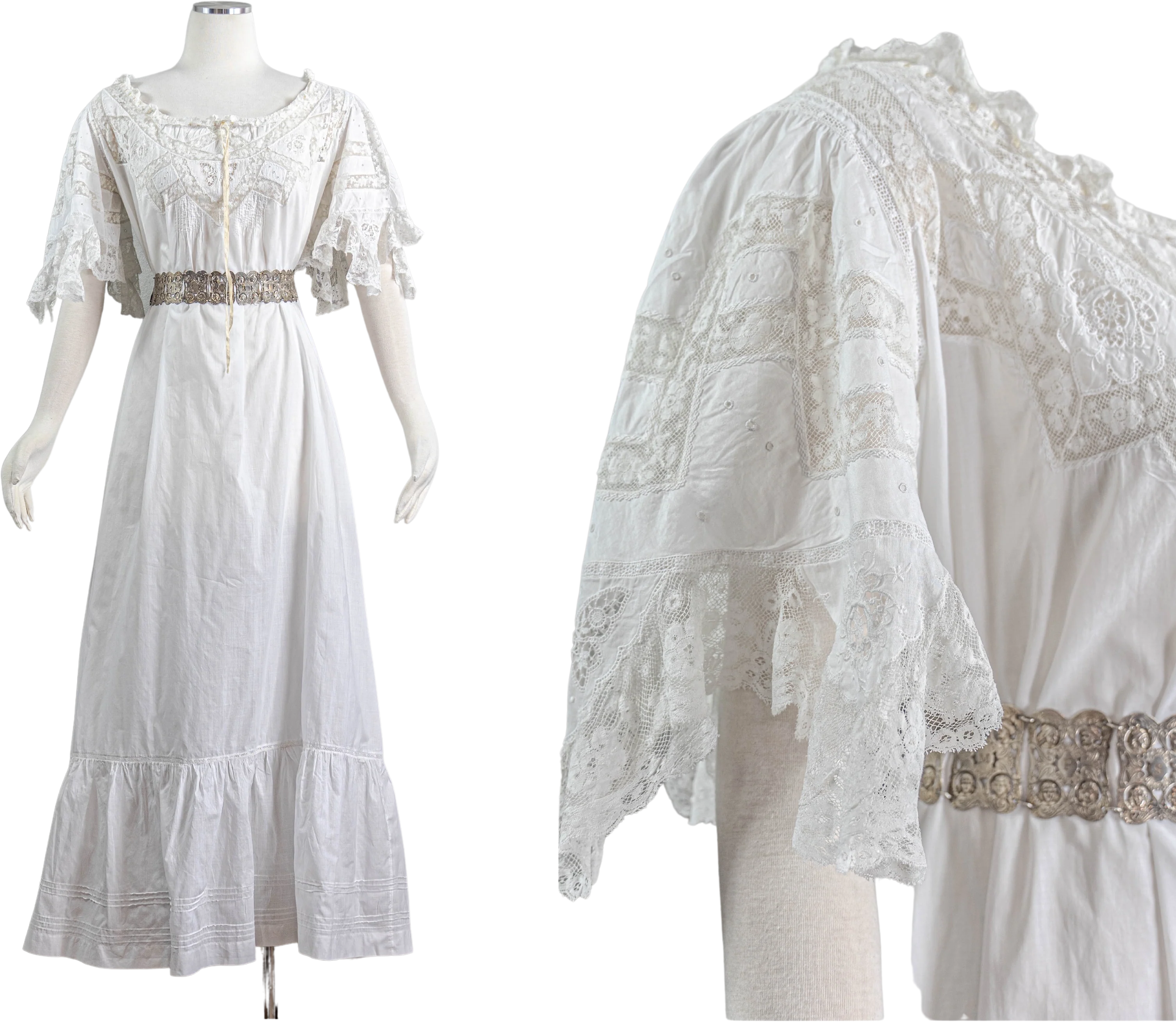 Edwardian Whimsical White Cotton Nightgown Lace Neckline