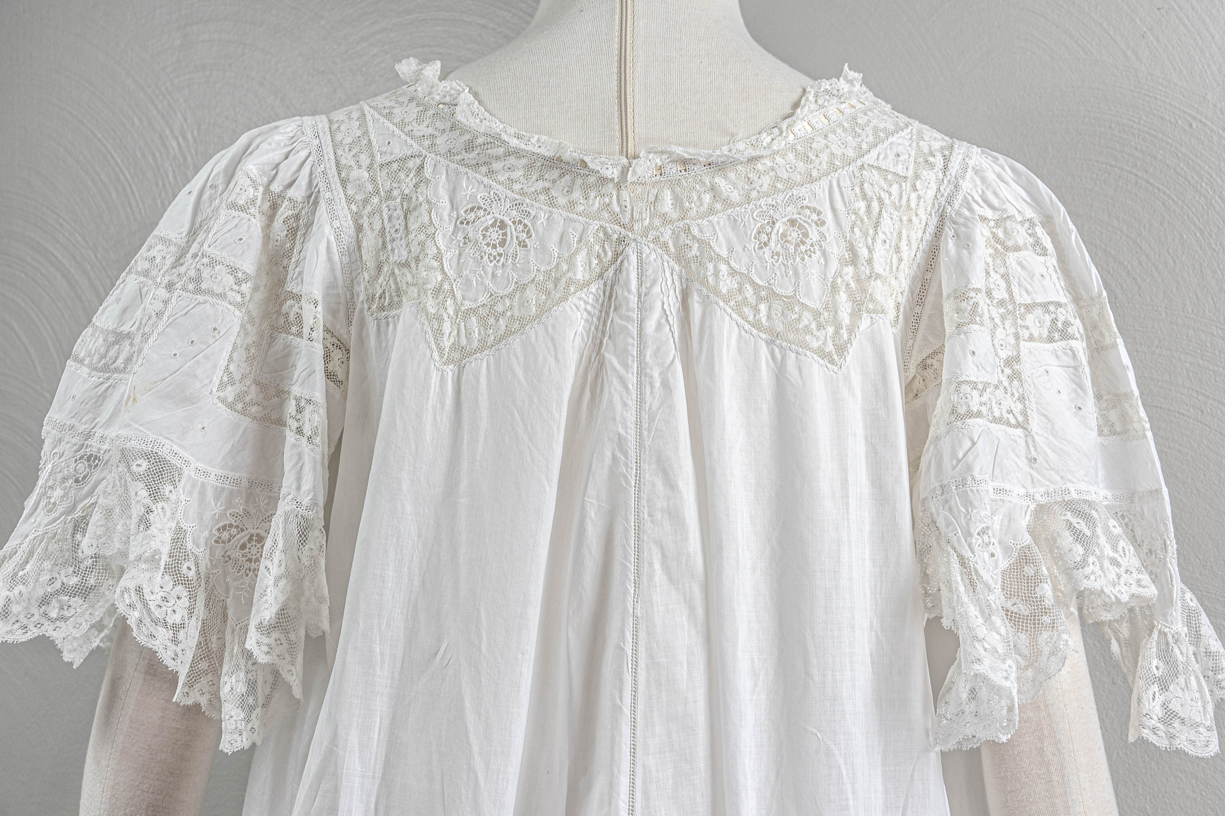Edwardian Whimsical White Cotton Nightgown Lace Neckline - Image 10