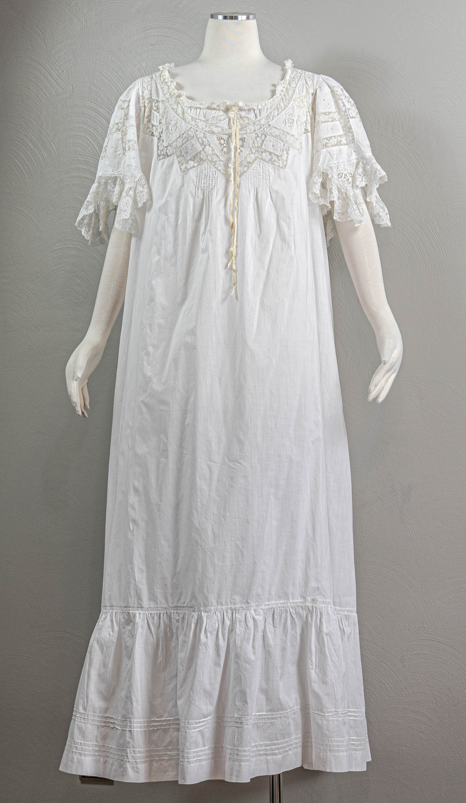 Edwardian Whimsical White Cotton Nightgown Lace Neckline - Image 11