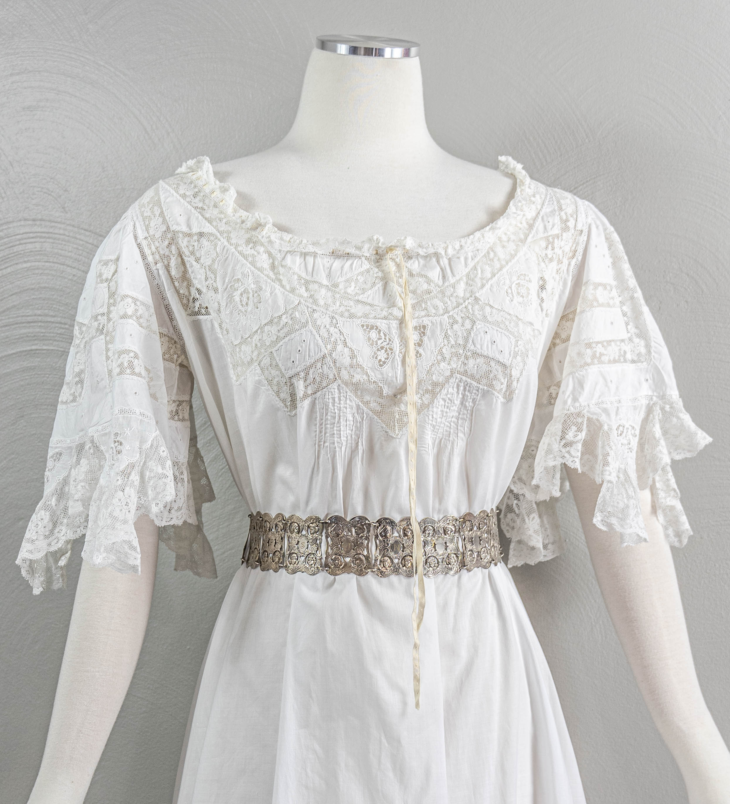 Edwardian Whimsical White Cotton Nightgown Lace Neckline - Image 3