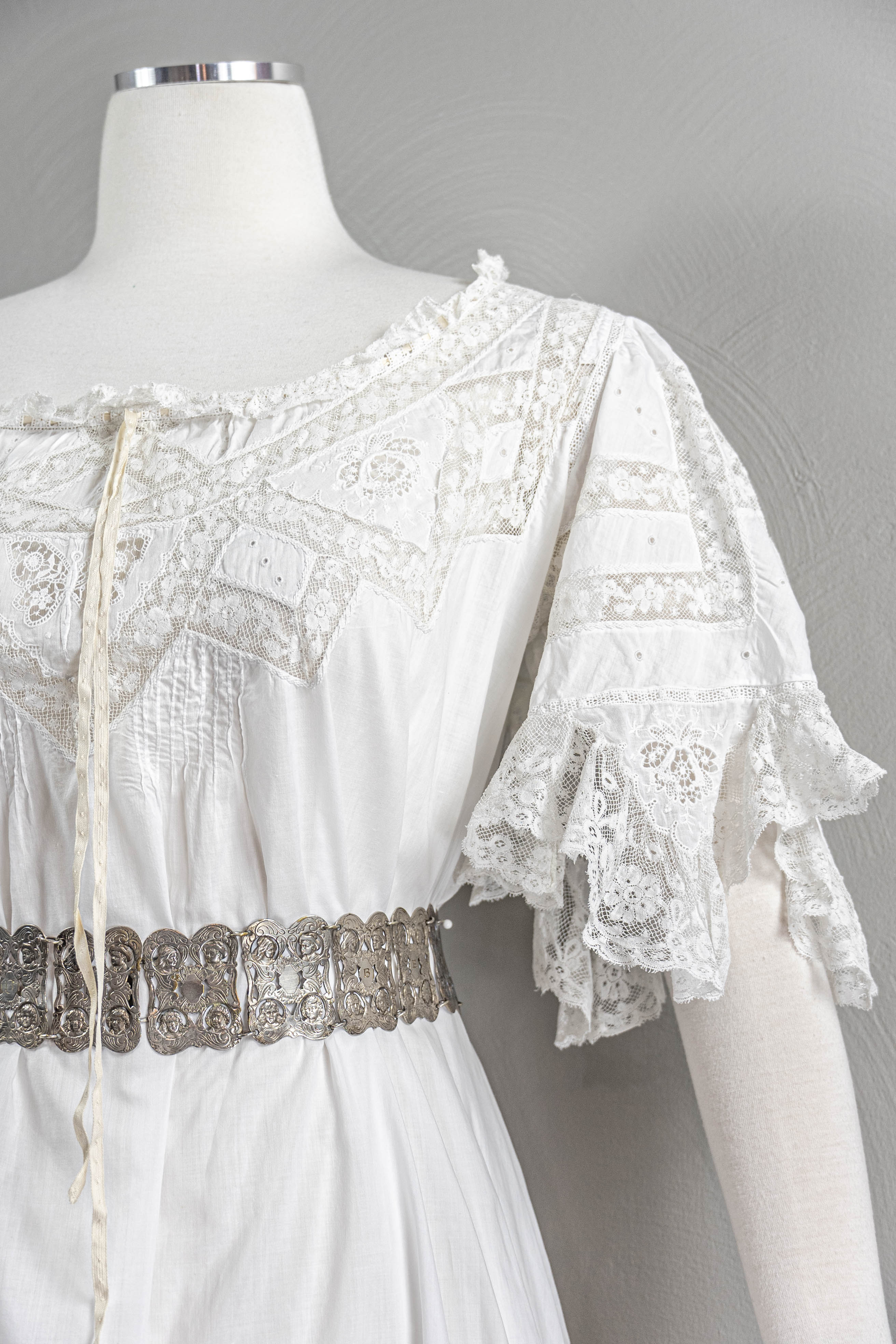 Edwardian Whimsical White Cotton Nightgown Lace Neckline - Image 5