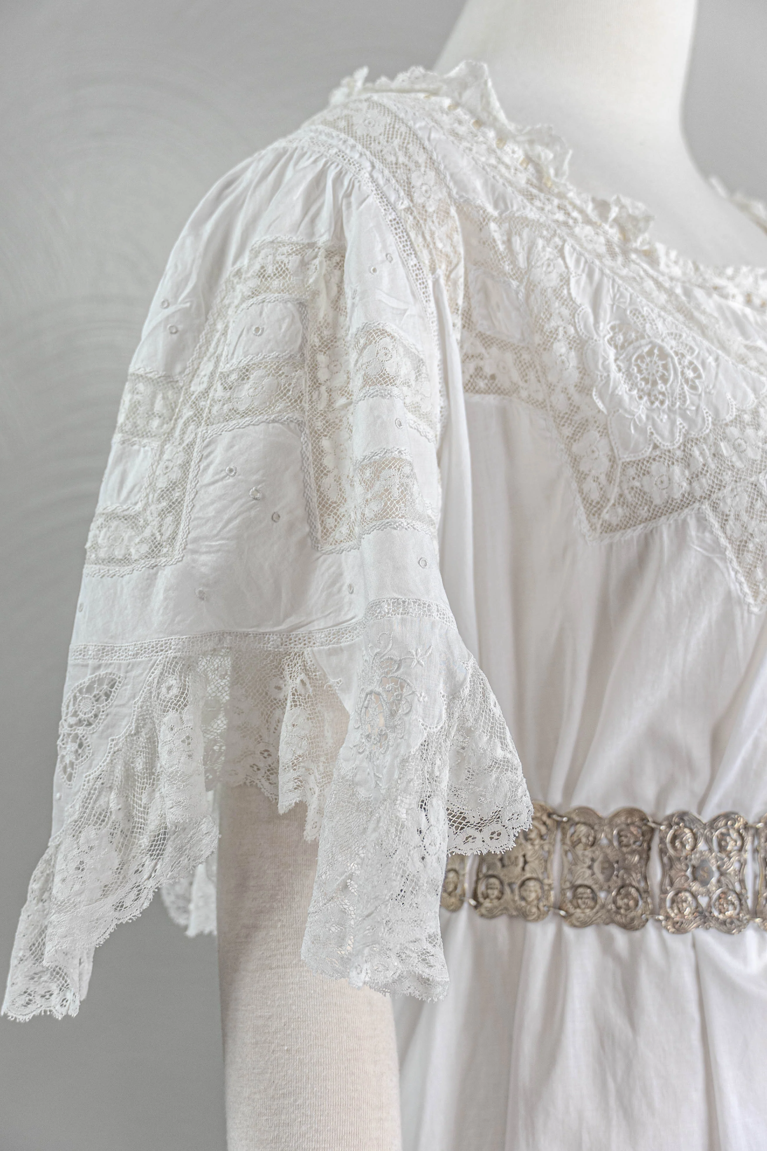 Edwardian Whimsical White Cotton Nightgown Lace Neckline - Image 6