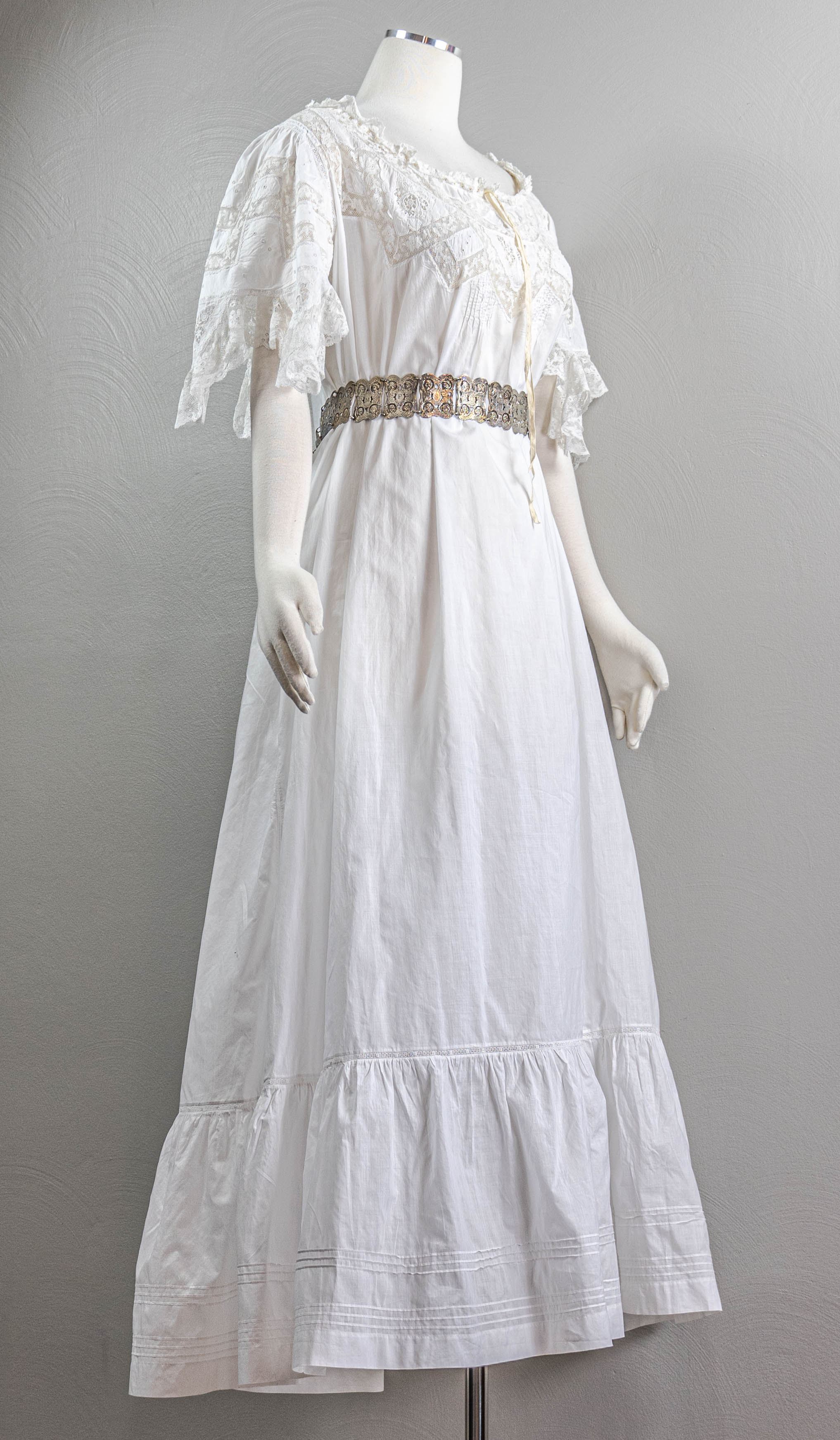 Edwardian Whimsical White Cotton Nightgown Lace Neckline - Image 7