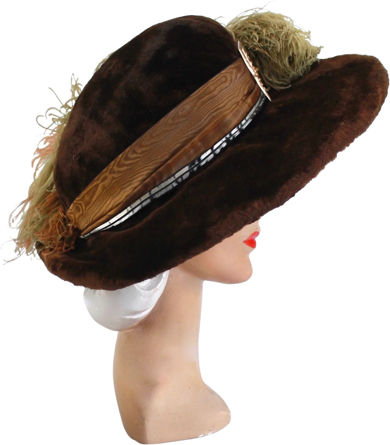Edwardian Wide Brim Brown Fur Merry Widow Picture Hat