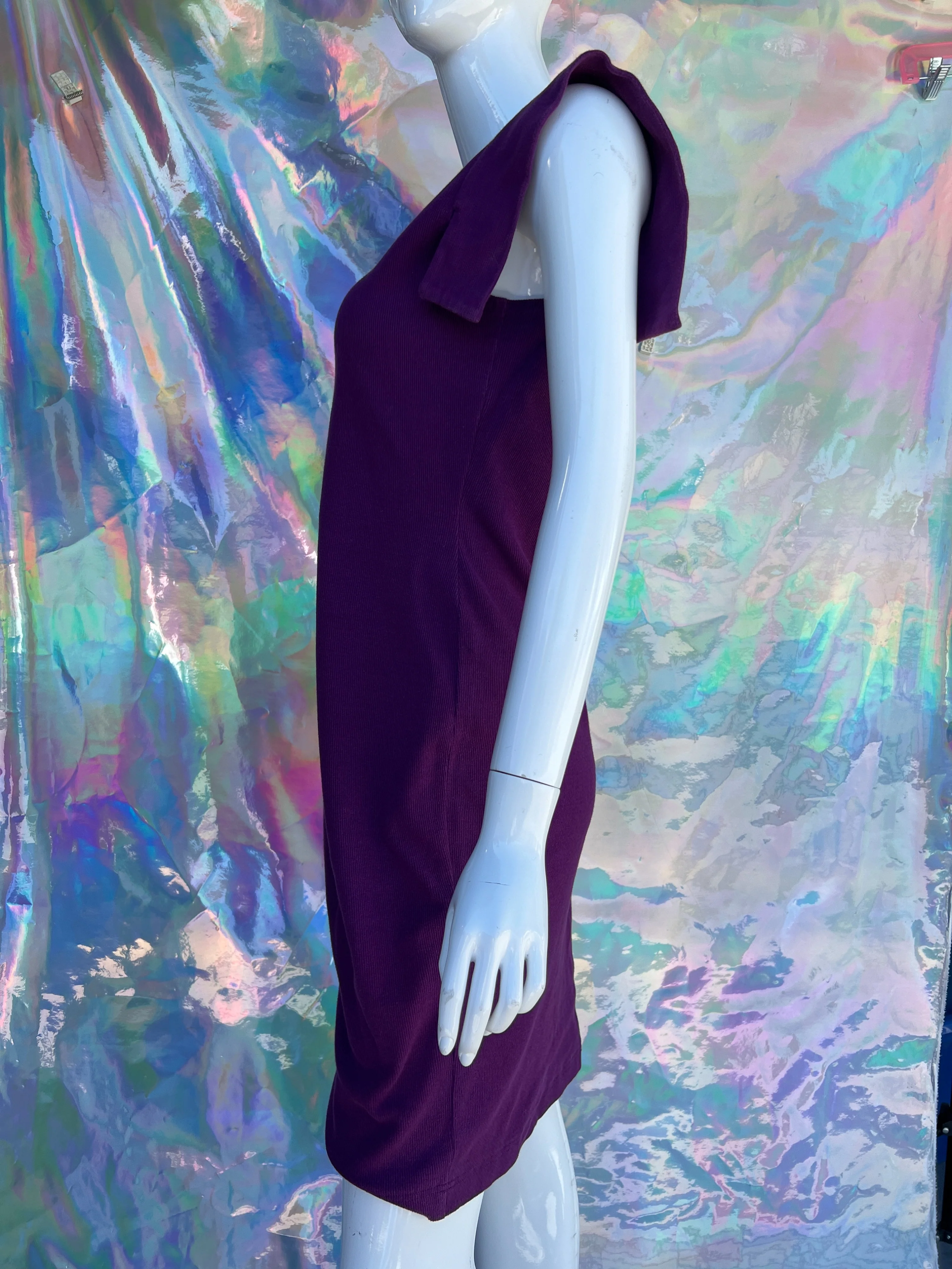 Eggplant Purple Jersey Knit Cut Out Sleeve Dress - Image 6