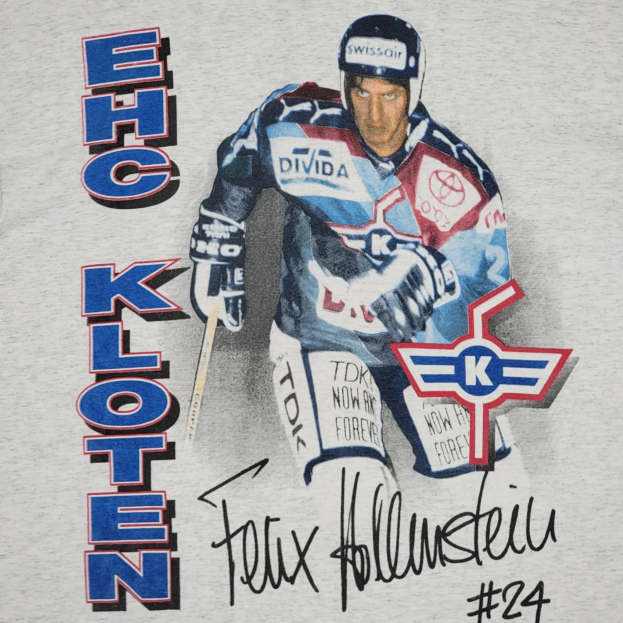 Ehc Kloten Switzerland Vintage 90s Felix Hollenstein T-Shirt Single Stitch Bulletin Athletics Heather Gray Size Large - Image 2