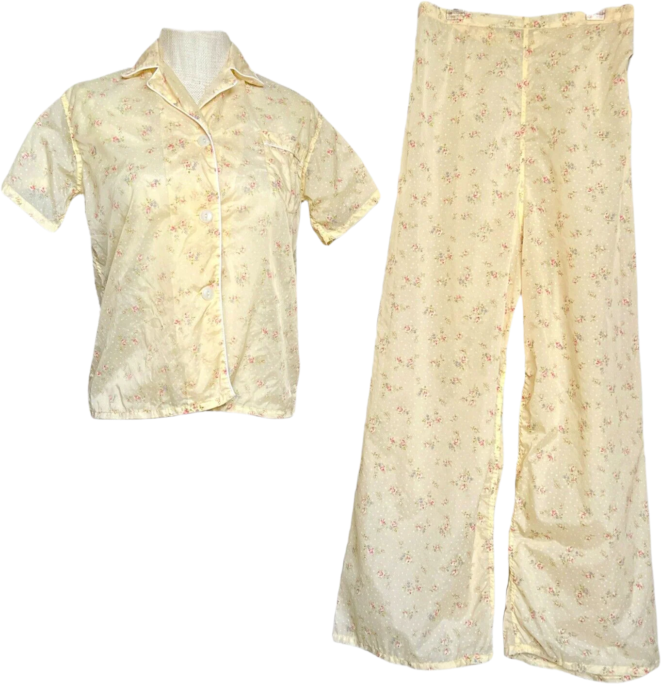 50s Yellow Floral Nylon Pajamas Top Bottom Set 16/36 By Elaine Sklar