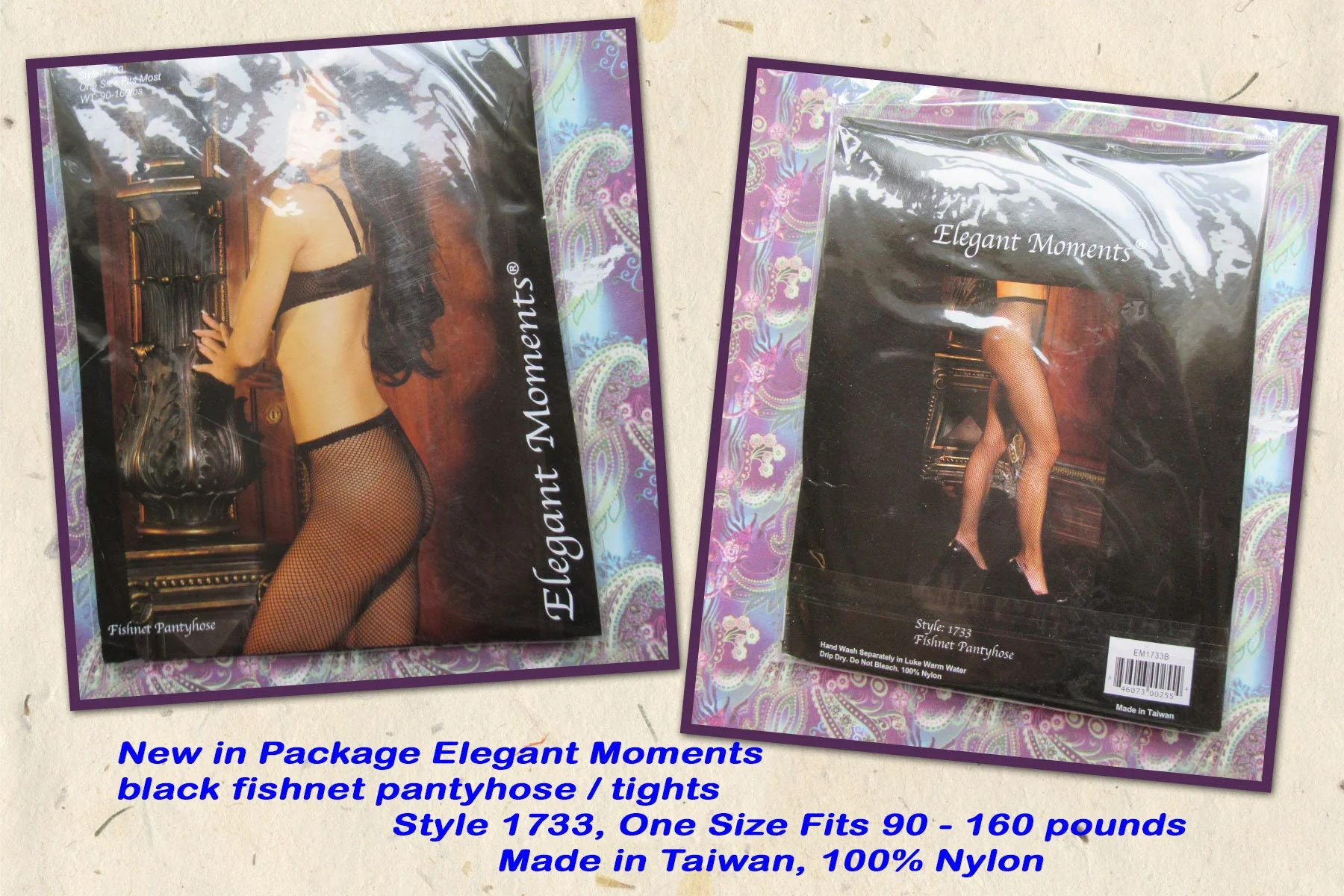 Elegant Moments Fishnet Pantyhose Tights New In Package Style 1733 Black Made In Taiwan 100% Nylon Vintage - Image 3