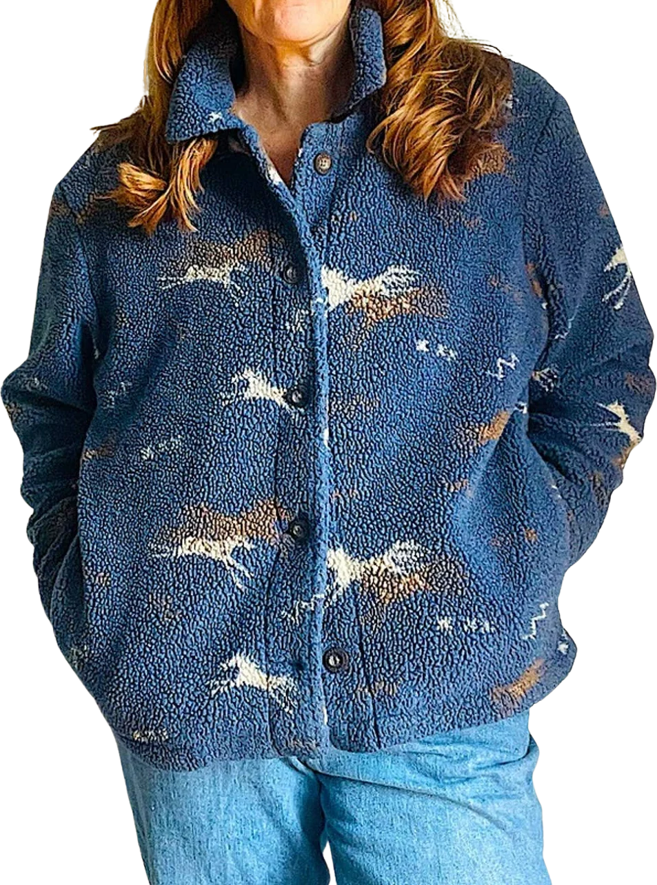 Equestrain Beber Fleece Teddy Jacket Southwestern Horse Print Lrg Blue by Woolrich