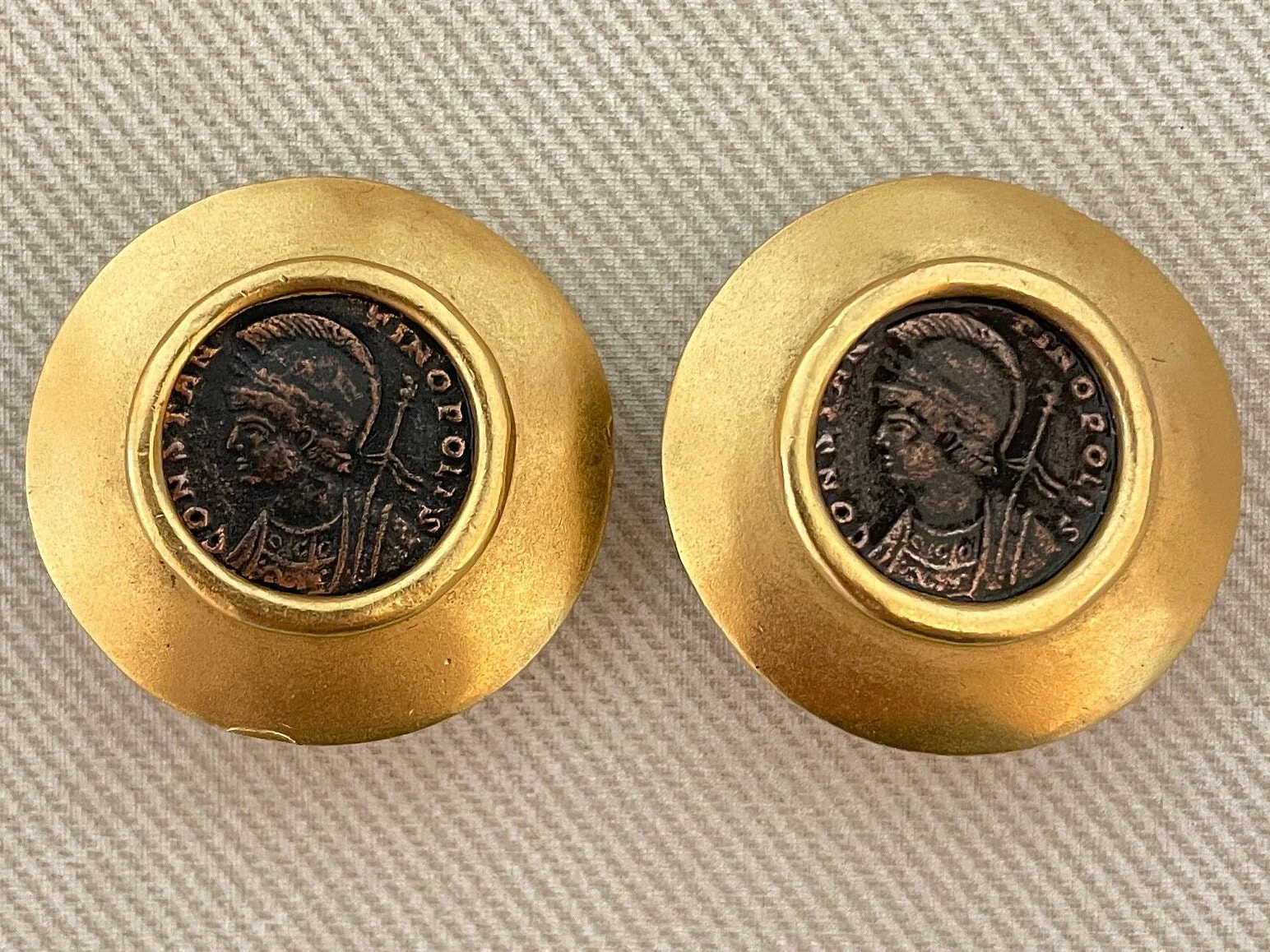 Etruscan Ancient Coin Carolee Signed Clip-On Statement Earrings Roman Greek Motif by Carolee - Image 2