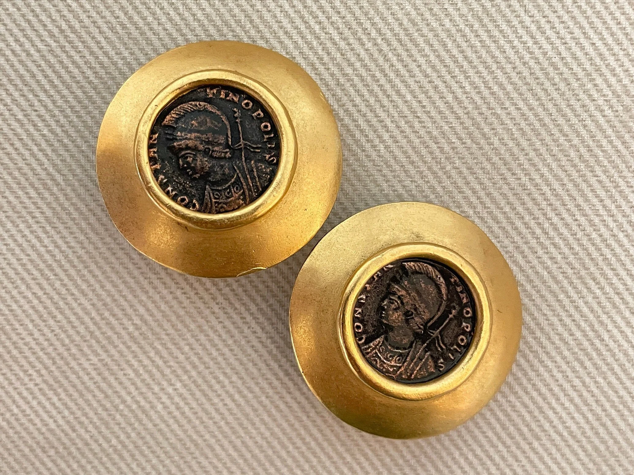 Etruscan Ancient Coin Carolee Signed Clip-On Statement Earrings Roman Greek Motif by Carolee - Image 3