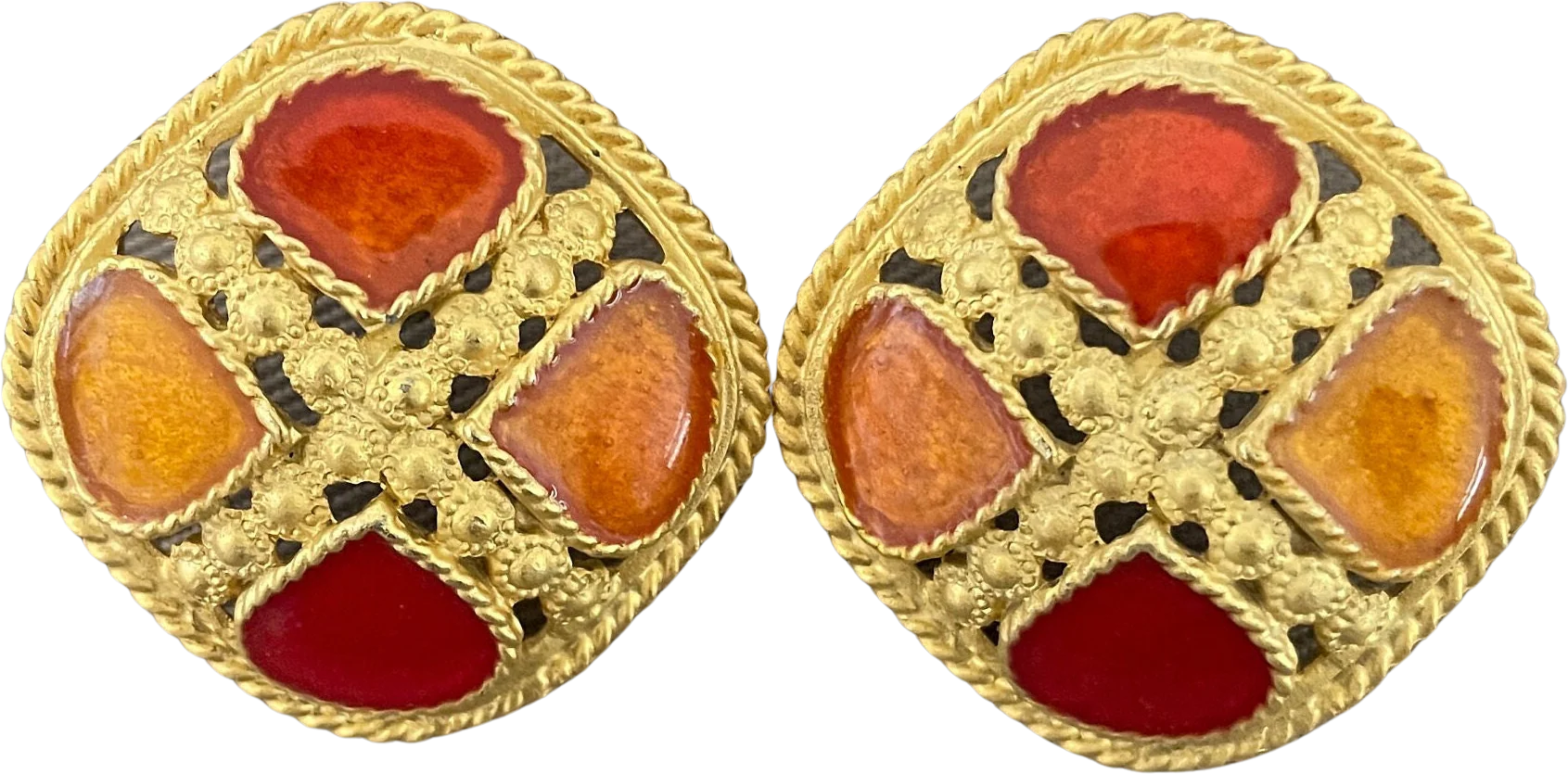 Etruscan Byzantine Enamel Shield Vintage Statement Earrings for Pierced Ears