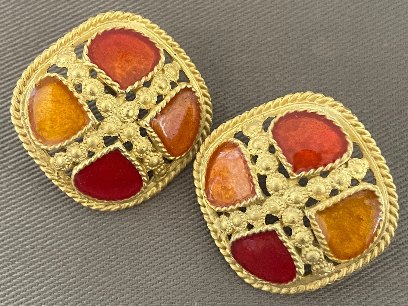Etruscan Byzantine Enamel Shield Vintage Statement Earrings for Pierced Ears - Image 2