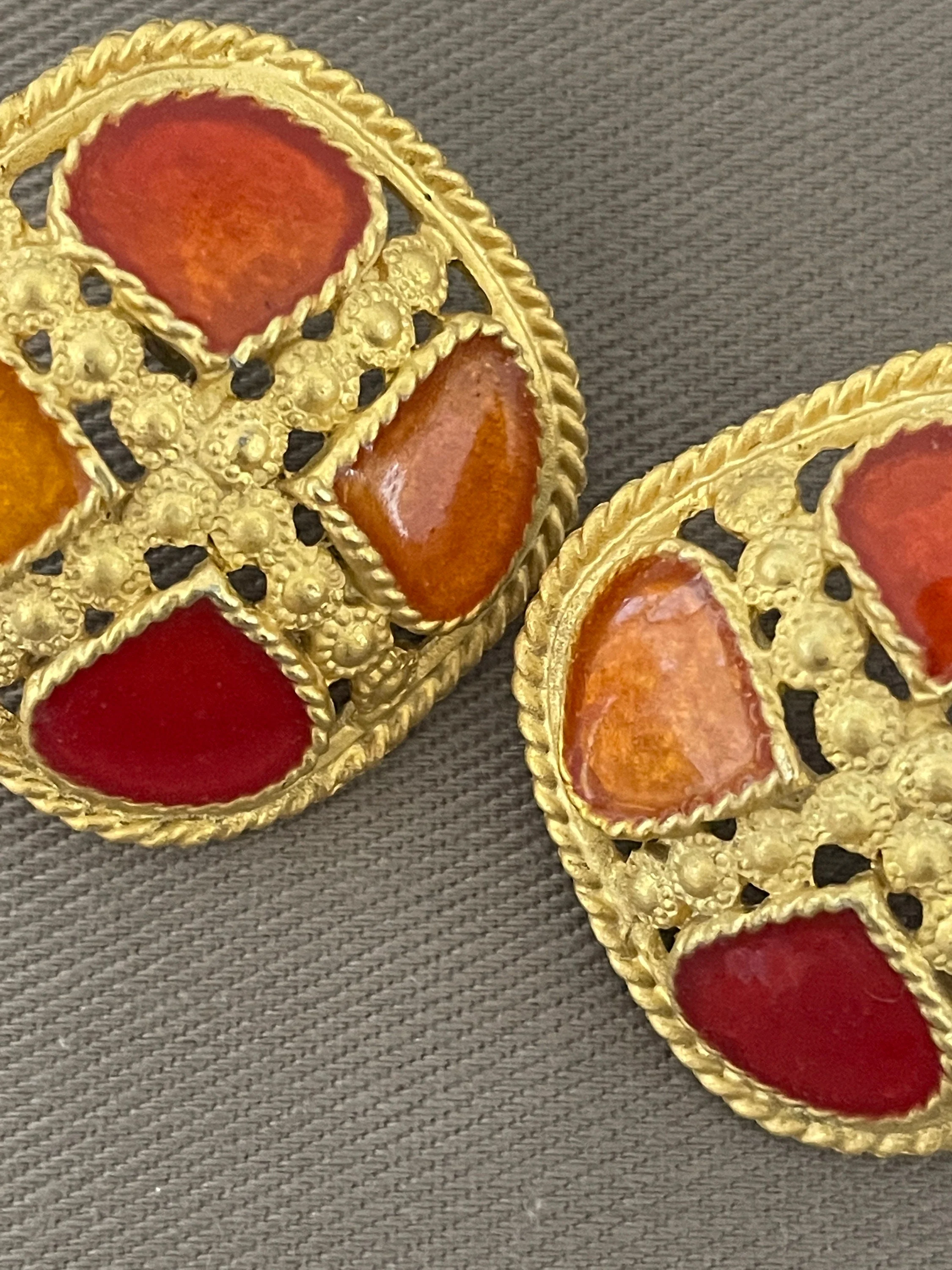 Etruscan Byzantine Enamel Shield Vintage Statement Earrings for Pierced Ears - Image 3