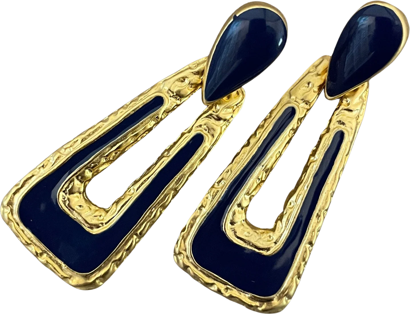 Etruscan Doorknocker Statement Earrings for Pierced Ears with Navy Blue Enamel
