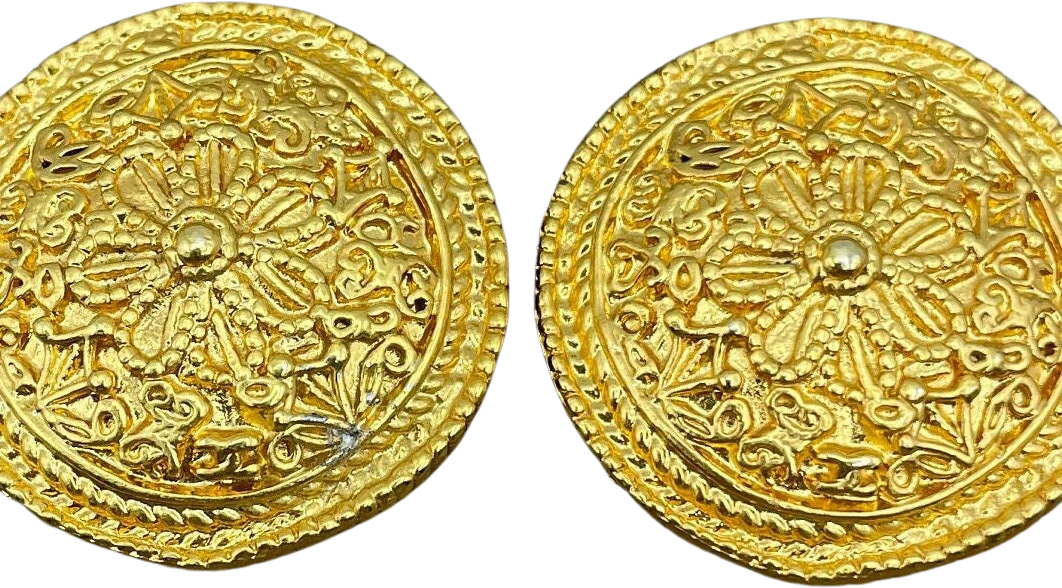Etruscan Medallion Clip-On Statement Earrings Byzantine Gold Jewelry