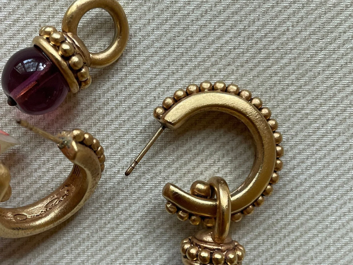 Etruscan Mini Hoops with Removable Glass Amethyst Stone Drops by Oscar de la Renta - Image 4
