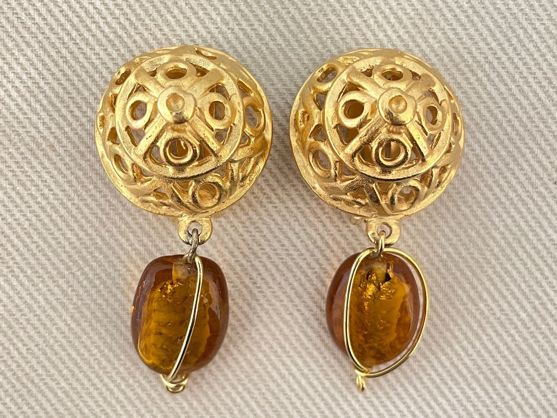 Etruscan Openwork Clip On Statement Earrings with Glass Stone Accents by Forte - Image 2