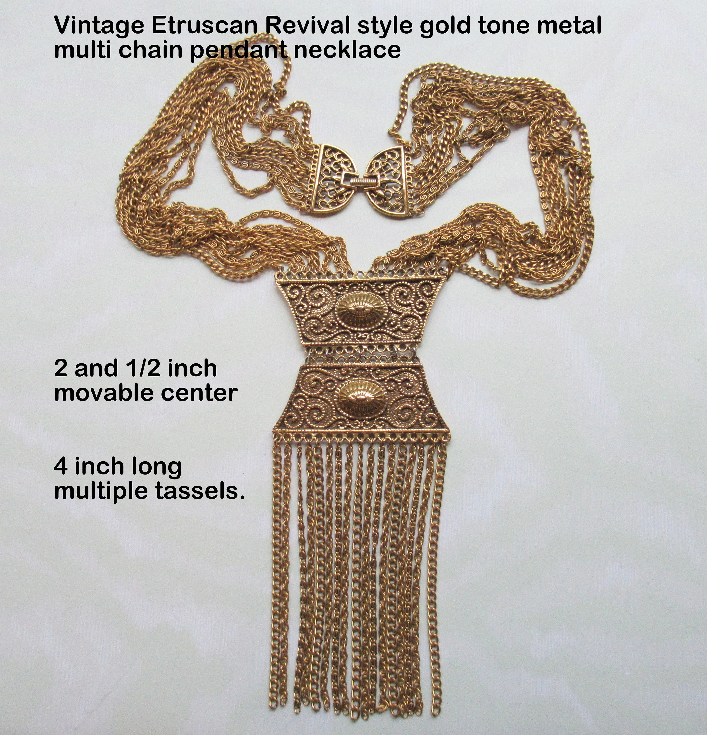 Etruscan Revival Pendant Necklace 2. 5 Pendant W Long Multi Chain Tassels Unsigned Goldette Gold Tone Metal Multi Chain Vintage - Image 4
