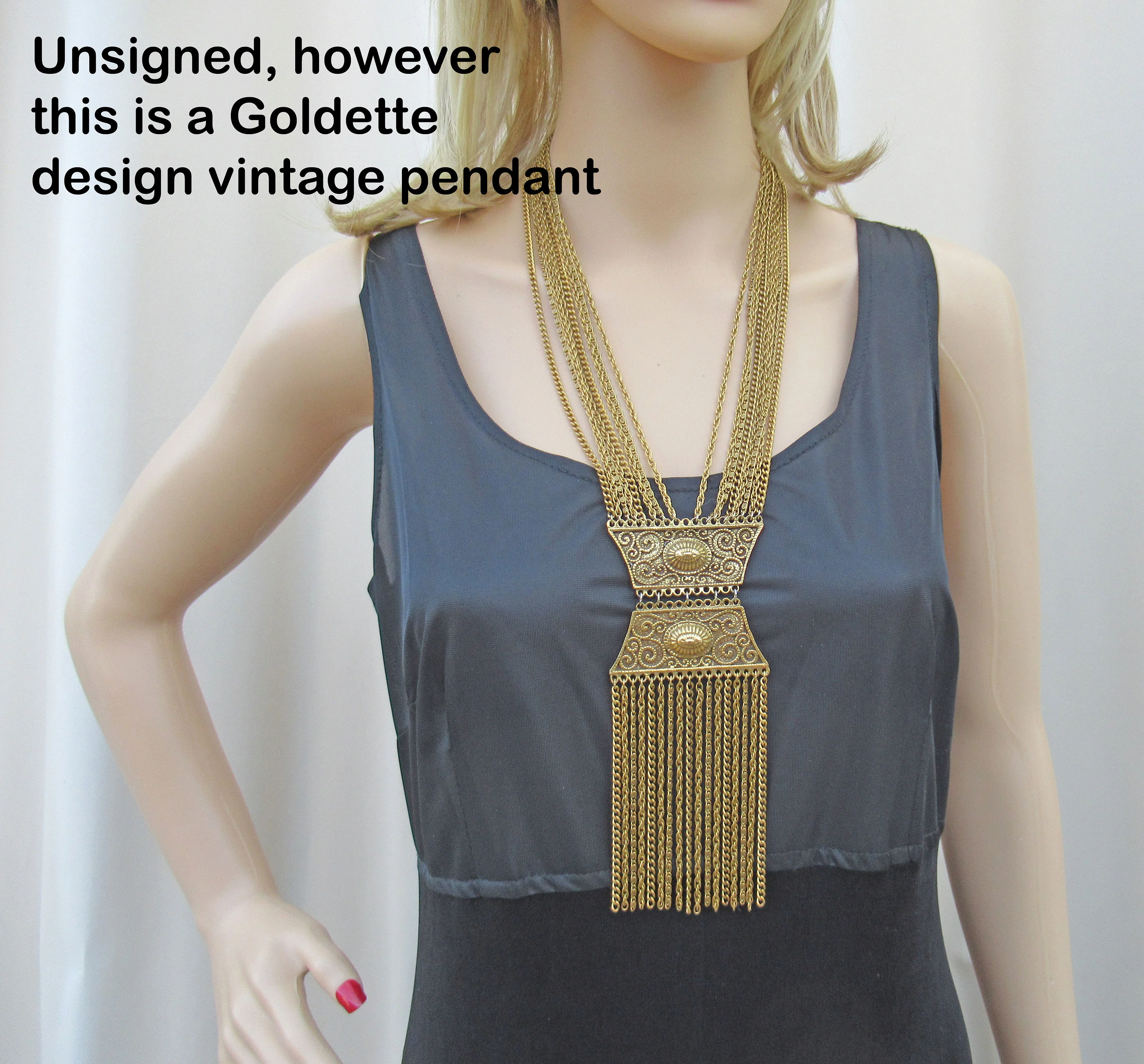 Etruscan Revival Pendant Necklace 2. 5 Pendant W Long Multi Chain Tassels Unsigned Goldette Gold Tone Metal Multi Chain Vintage - Image 7