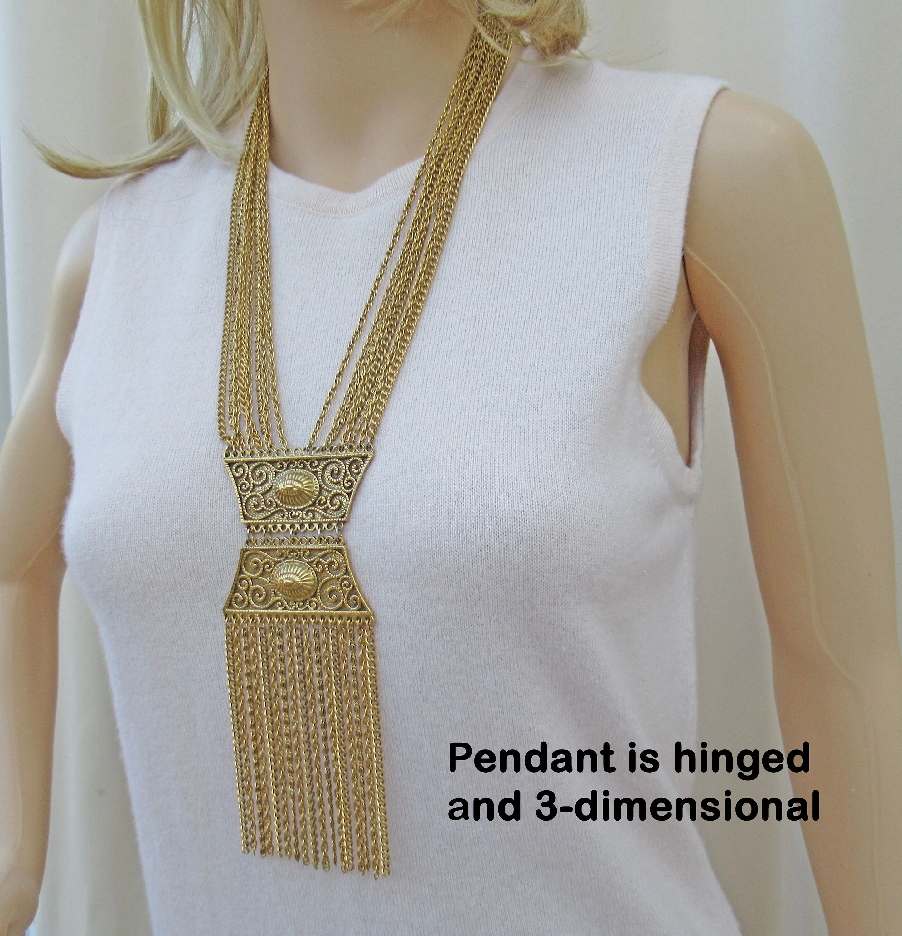 Etruscan Revival Pendant Necklace 2. 5 Pendant W Long Multi Chain Tassels Unsigned Goldette Gold Tone Metal Multi Chain Vintage - Image 9