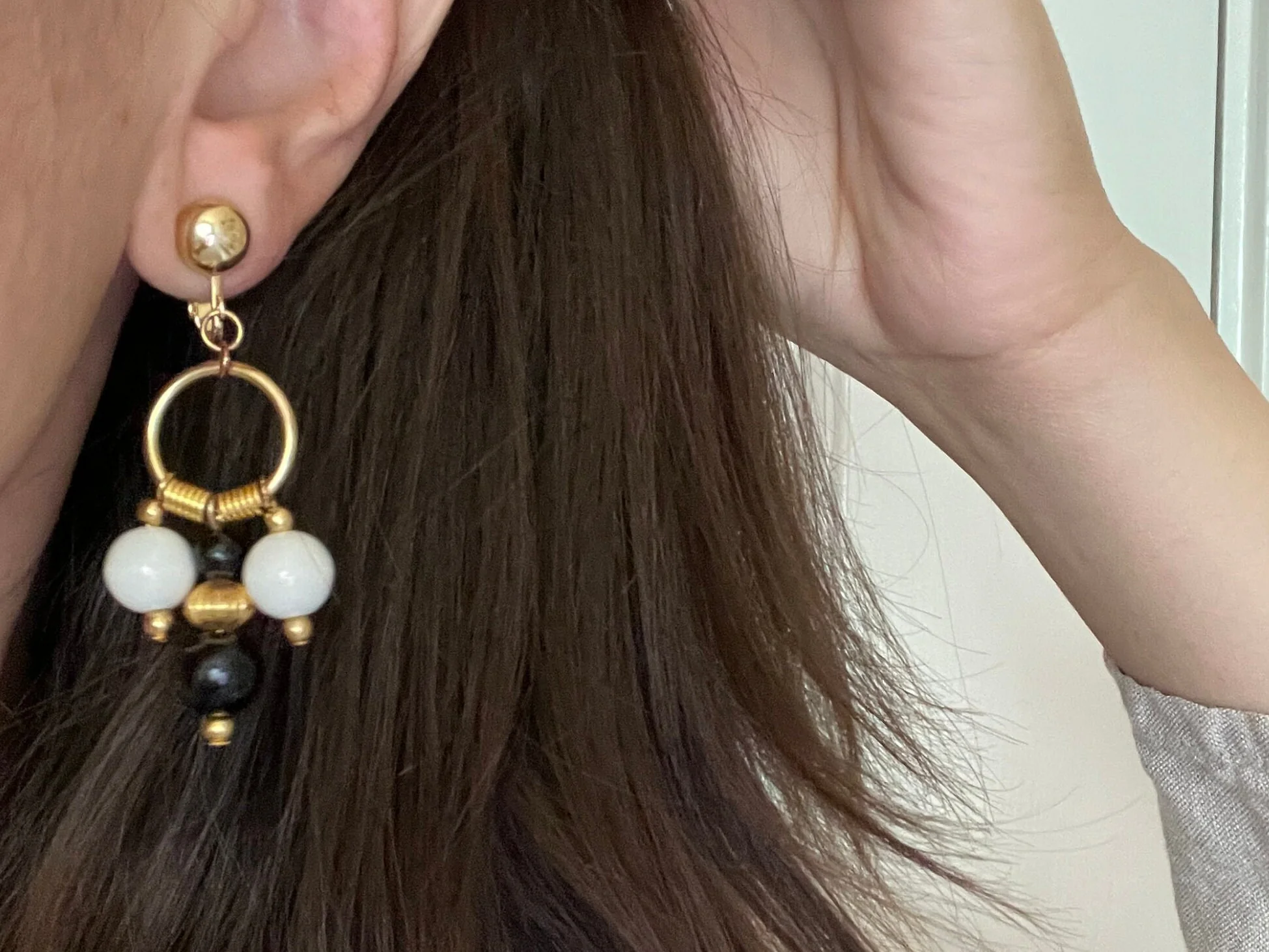 Etruscan Revival Swinging Clip-On Statement Earrings White Black Beaded Ball - Image 5