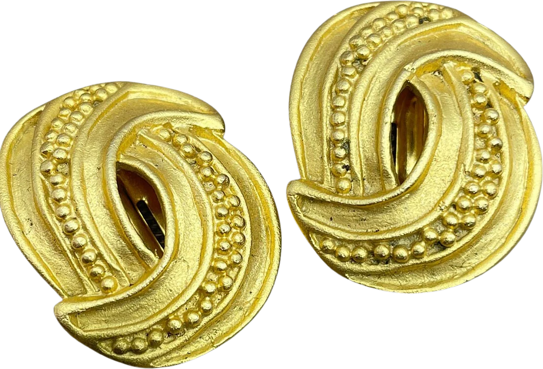Etruscan Signed Clip On Statement Earrings Matte Gold Byzantine by Leslie Block