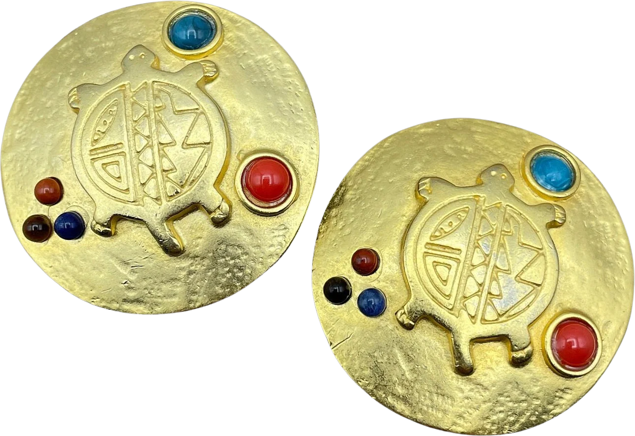 Etruscan Turtle Motif Hammered Gold Tone Clip On Statement Earrings Colorful Cabochons