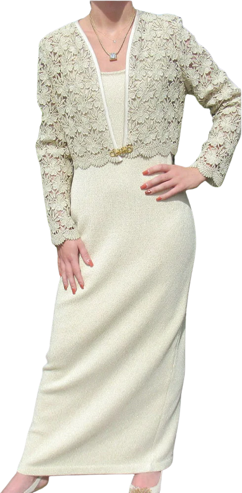 Evening Dress and Lined Lace Jacket 35 El Ana Full Length Gold Knit Scoop Neck Sleeveless Slim Shape Back Slit Made Usa by El Ana