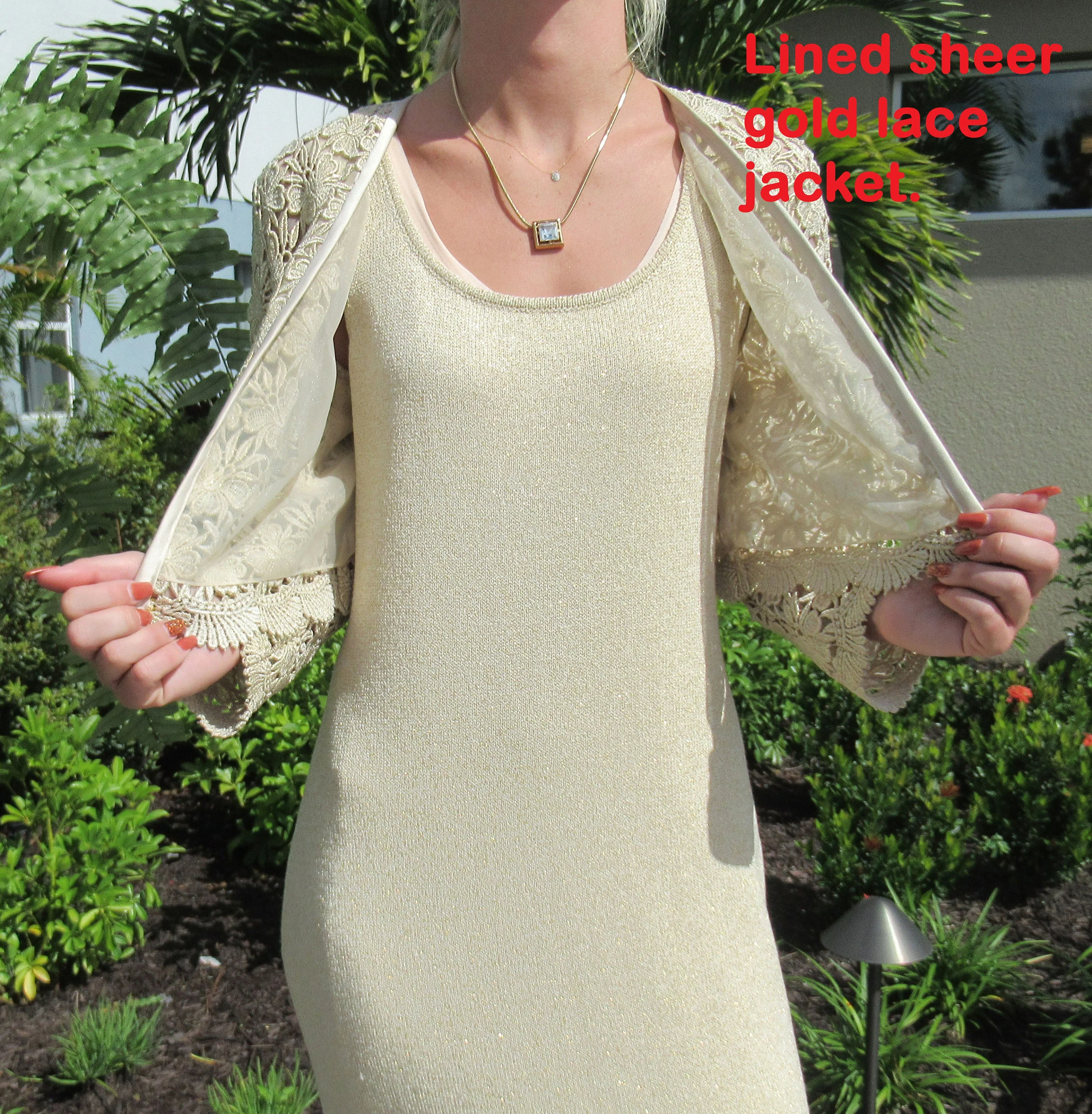 Evening Dress and Lined Lace Jacket 35 El Ana Full Length Gold Knit Scoop Neck Sleeveless Slim Shape Back Slit Made Usa by El Ana - Image 3