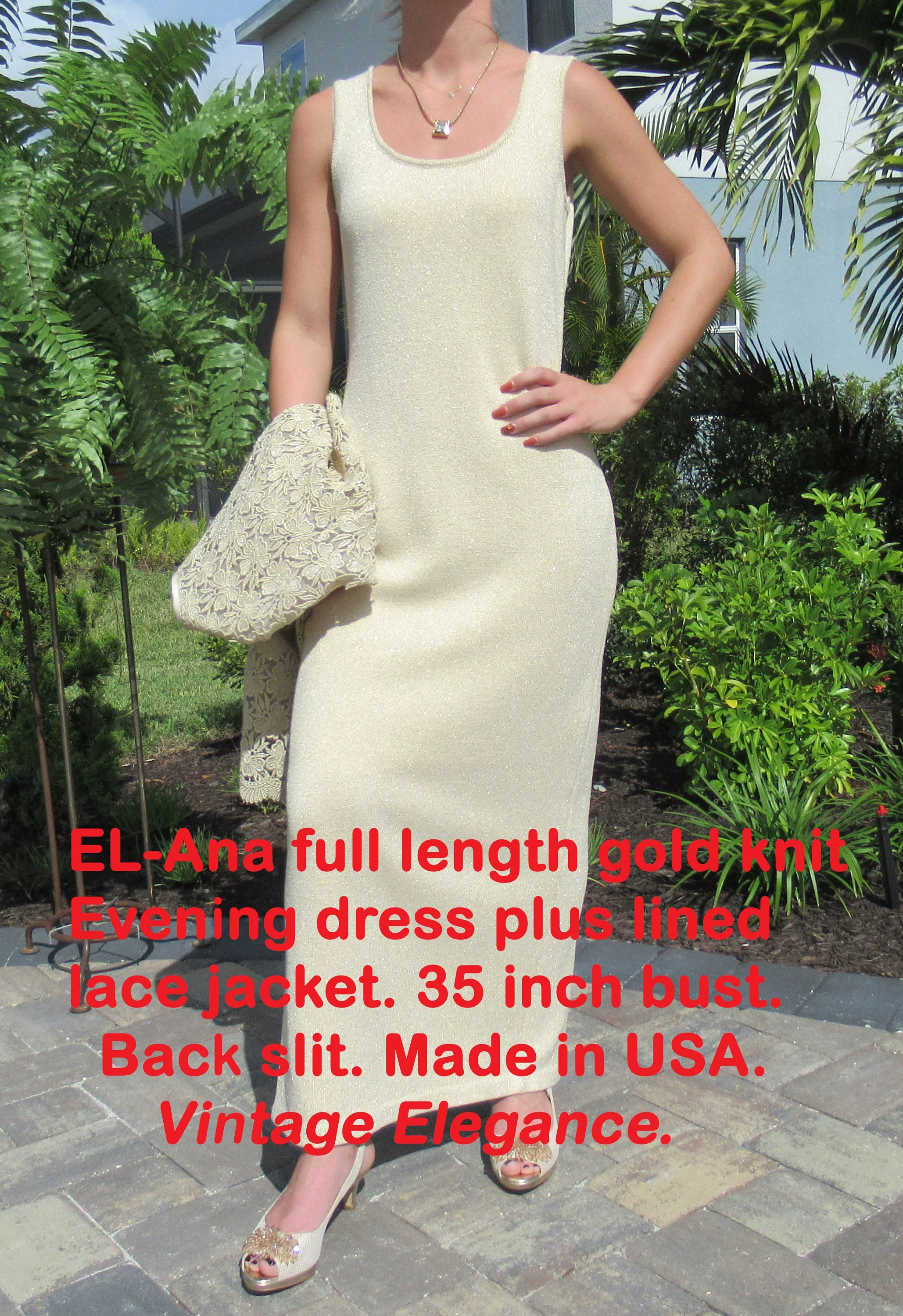 Evening Dress and Lined Lace Jacket 35 El Ana Full Length Gold Knit Scoop Neck Sleeveless Slim Shape Back Slit Made Usa by El Ana - Image 4