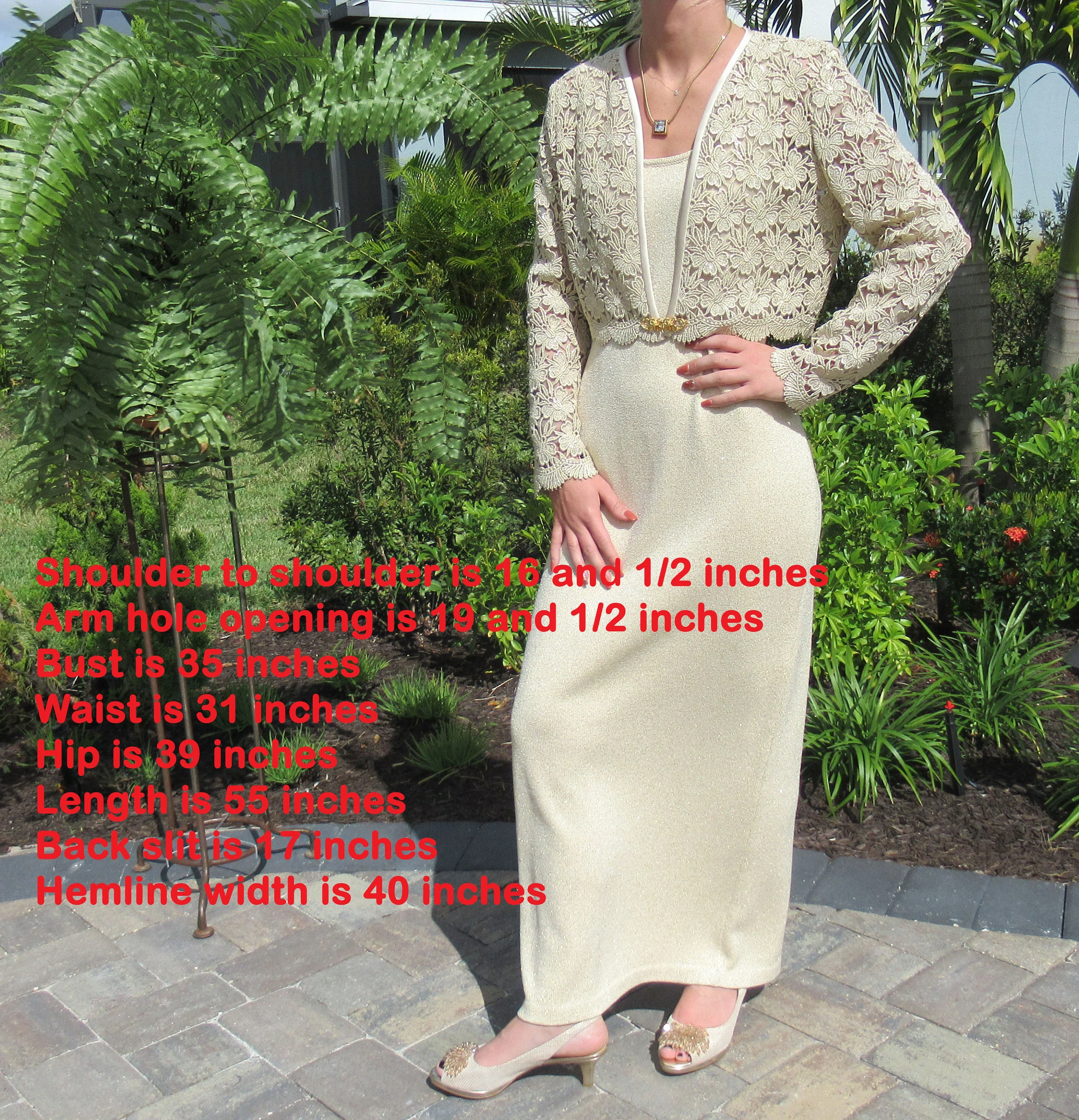 Evening Dress and Lined Lace Jacket 35 El Ana Full Length Gold Knit Scoop Neck Sleeveless Slim Shape Back Slit Made Usa by El Ana - Image 5