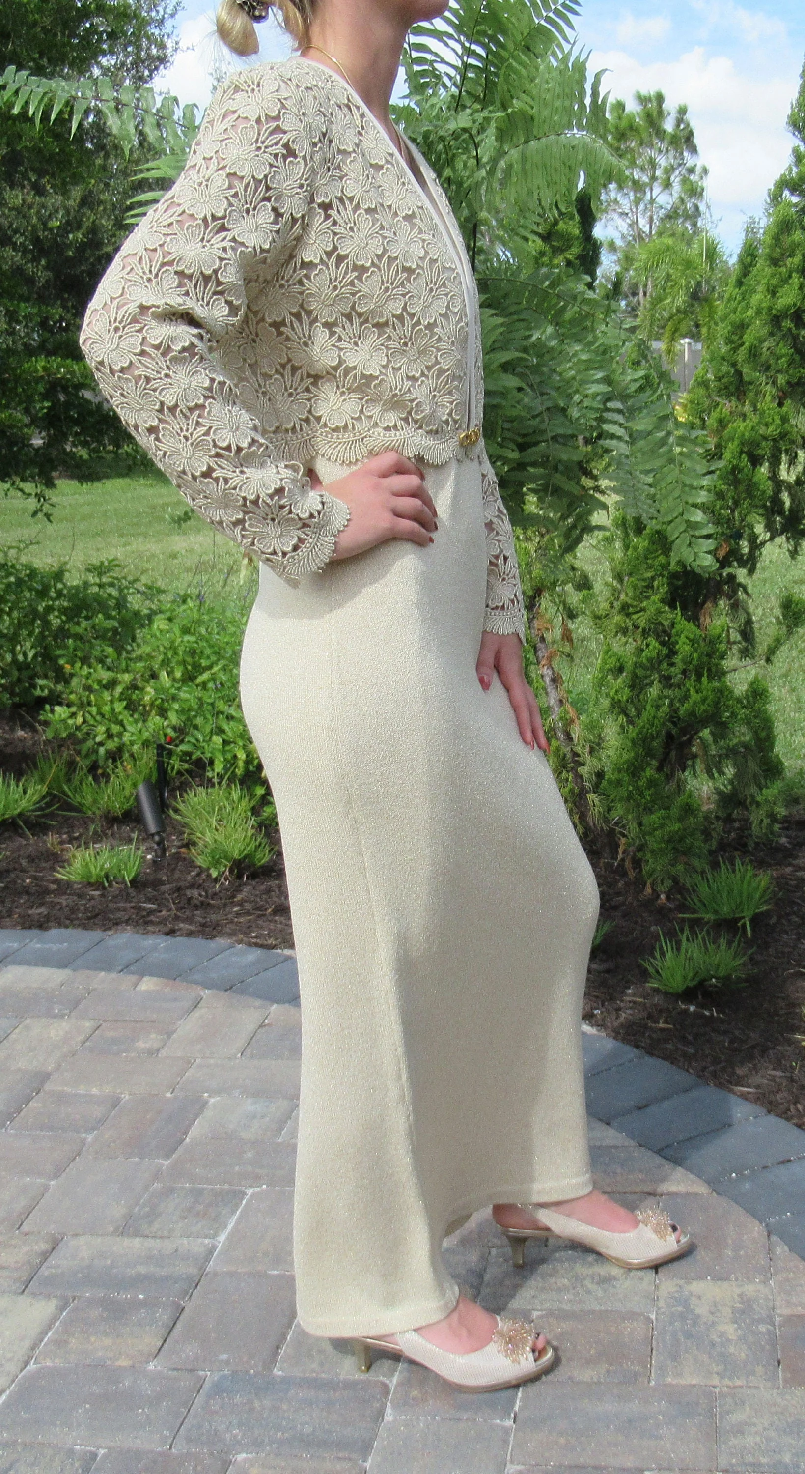 Evening Dress and Lined Lace Jacket 35 El Ana Full Length Gold Knit Scoop Neck Sleeveless Slim Shape Back Slit Made Usa by El Ana - Image 6