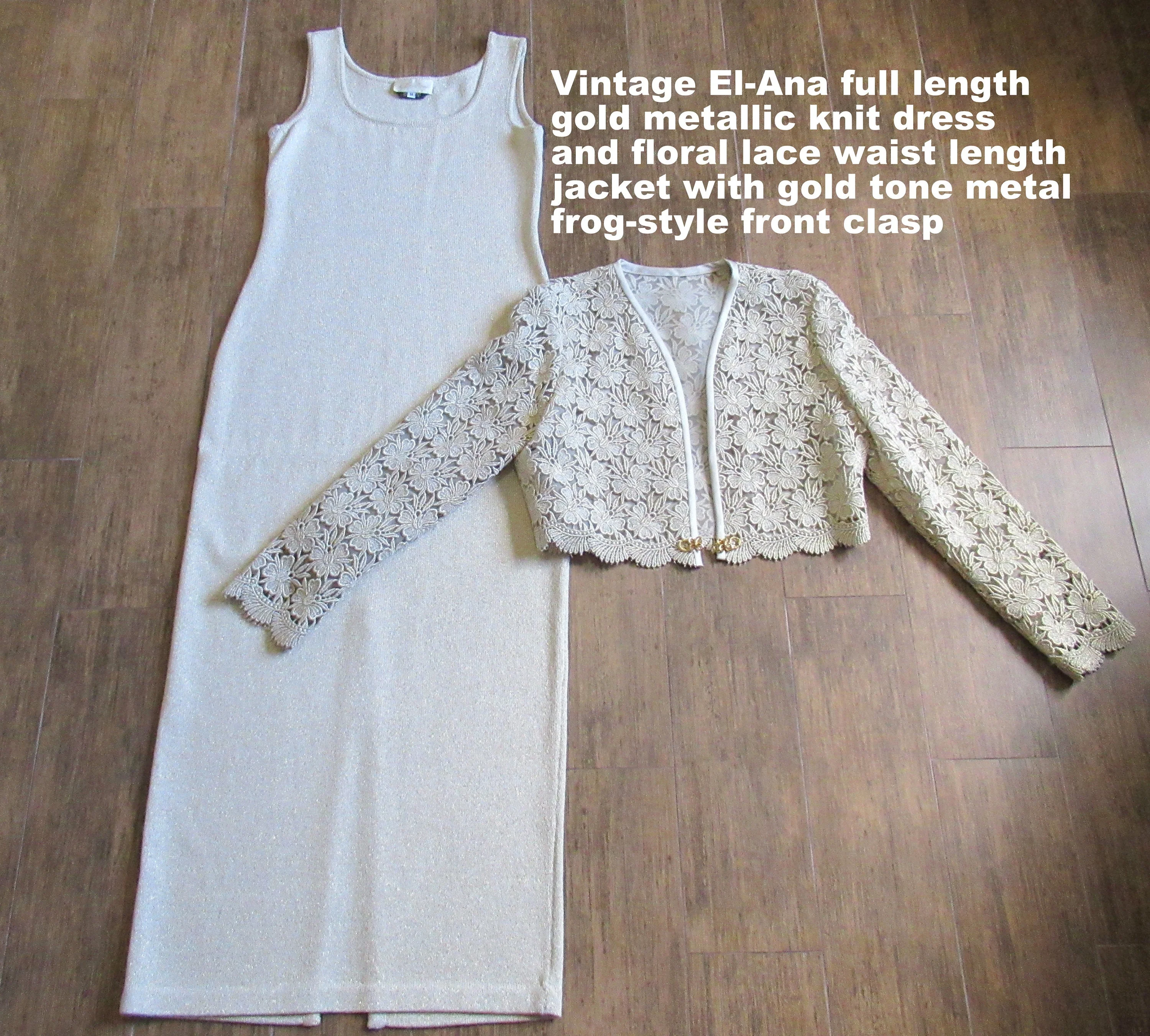 Evening Dress and Lined Lace Jacket 35 El Ana Full Length Gold Knit Scoop Neck Sleeveless Slim Shape Back Slit Made Usa by El Ana - Image 7