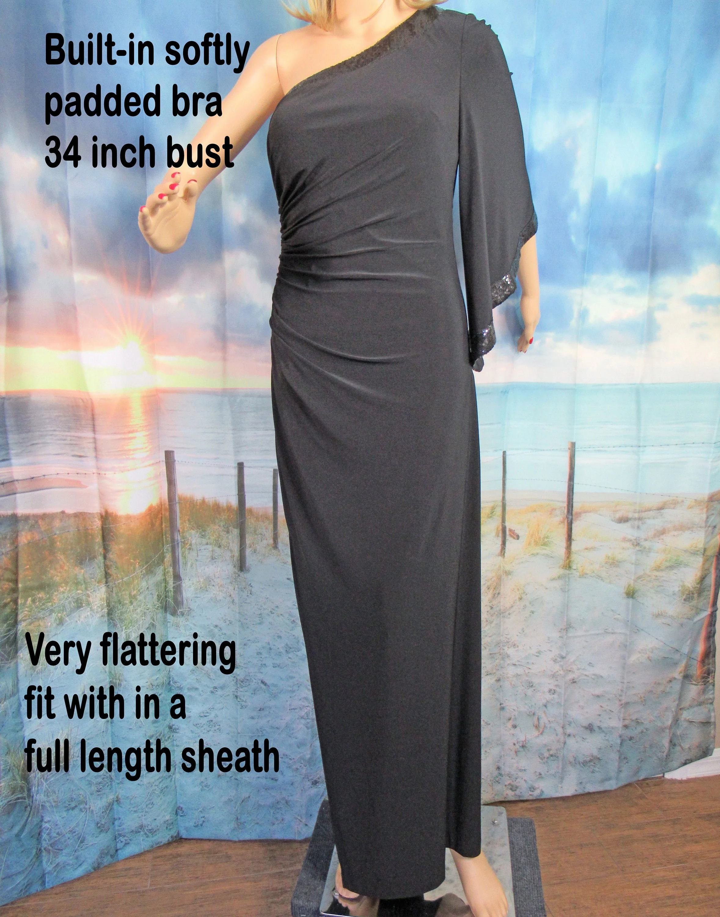 Evening Dress Nw Nightway One Shoulder Long Wide Sleeve W Black Sequins Internal Bra Sexy Side Slit and Zipper by Nightway - Image 8
