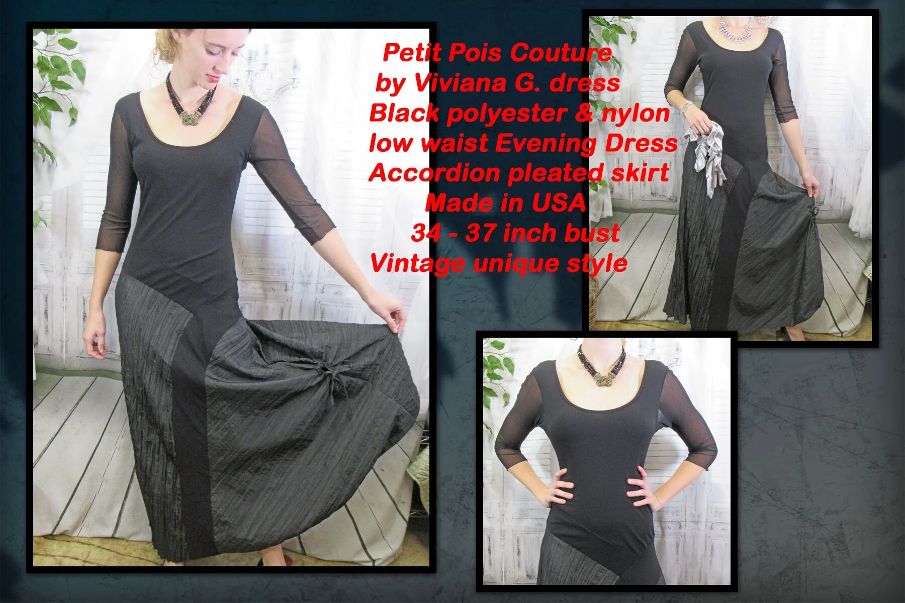 Evening Dress Petit Pois Couture by Viviana G Black Polyester Nylon Low Accordion Pleated Skirt by Petit Pois Couture By Viviana G - Image 2
