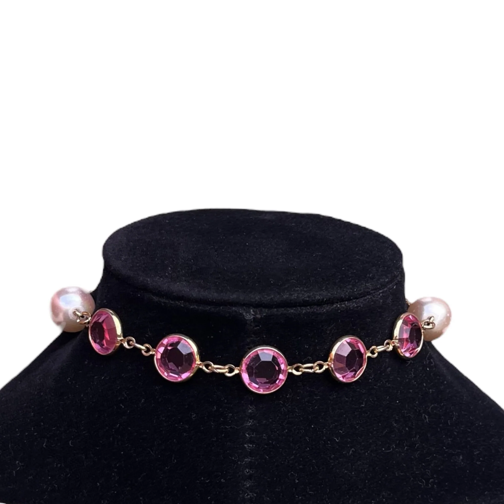 Excellent Vintage Pearl and Pink Crystal Necklace 80s 90s Gold Bezel Set Long Chain Link Beaded - Image 4