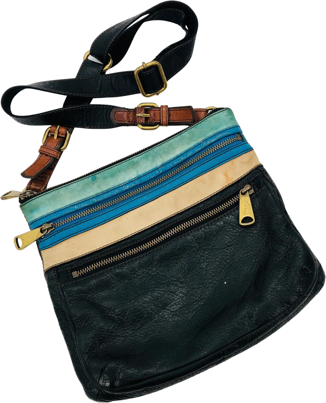 Explorer Crossbody Purse Bag Black Blue Leather Triple Zip Distressed by Fossil