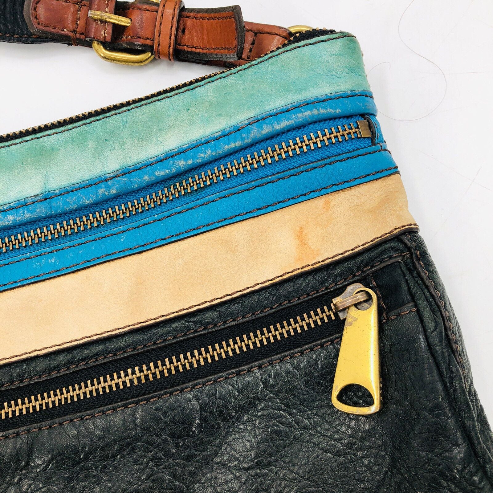 Explorer Crossbody Purse Bag Black Blue Leather Triple Zip Distressed by Fossil - Image 6