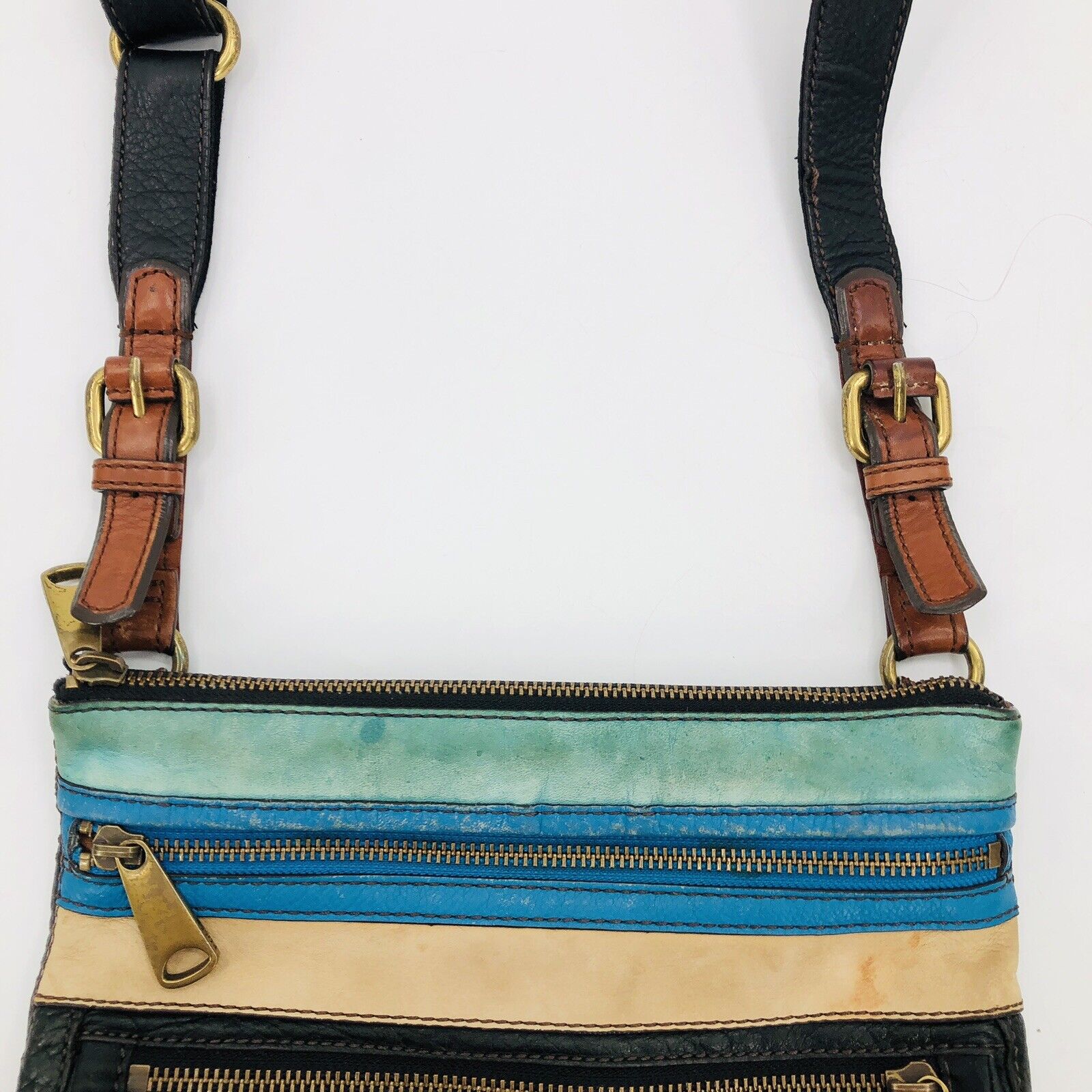 Explorer Crossbody Purse Bag Black Blue Leather Triple Zip Distressed by Fossil - Image 8