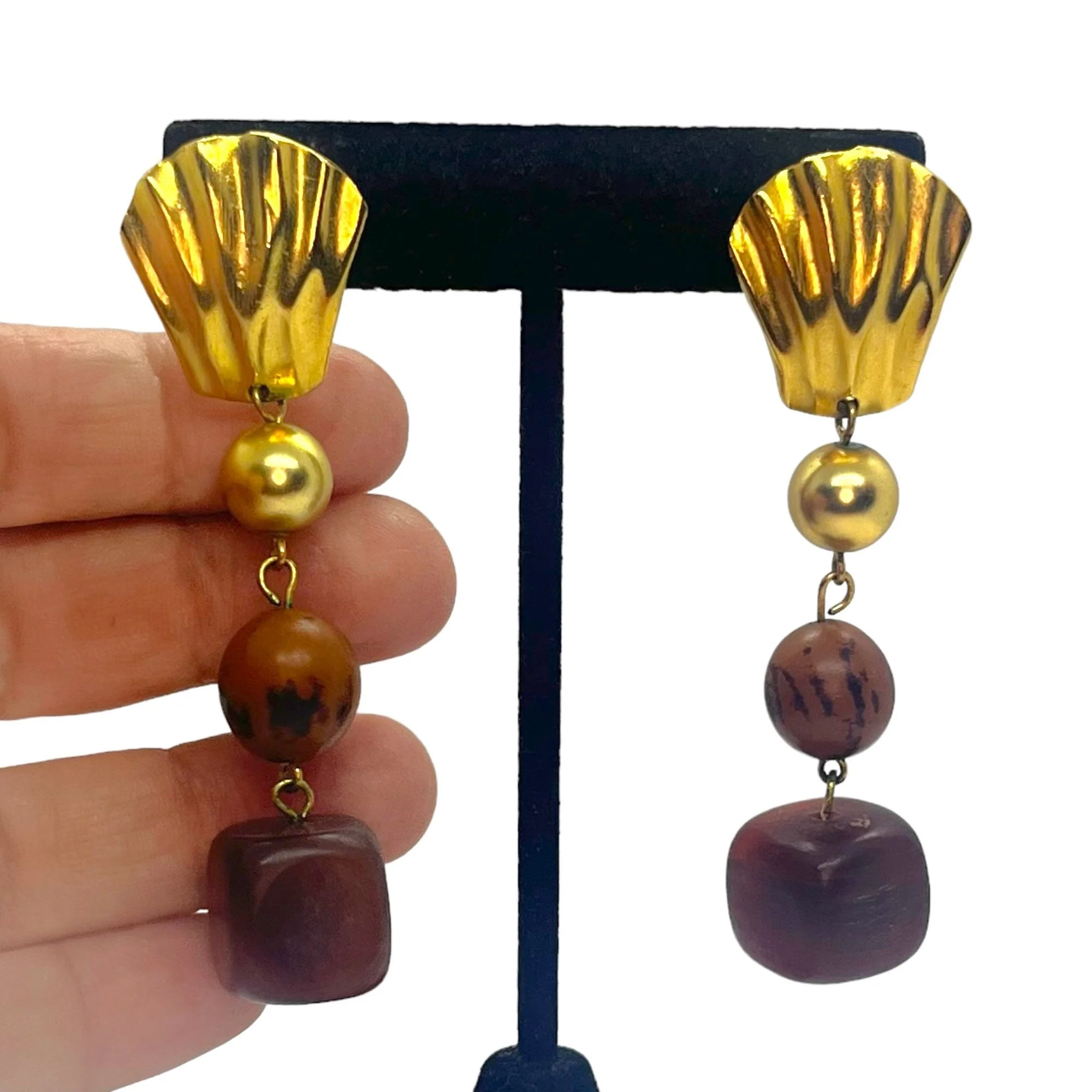 Exquisite Vintage Lucite Beaded Earrings 80s 90s Matte Gold Shoulder Duster Dangle Chunky Beaded Square - Image 2
