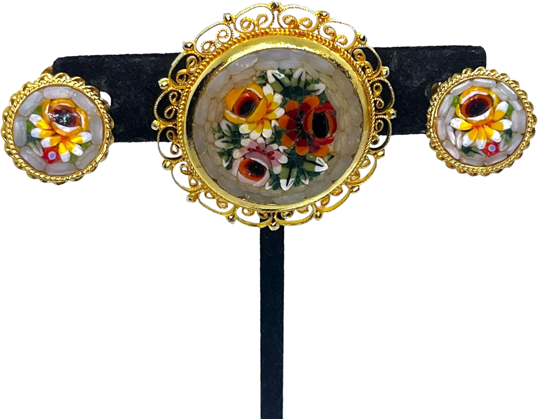 Exquisite Vintage Midcentury Micro Mosaic Set Victorian Revival Brooch Pin Earrings 50s 60s Gold Filigree Gray Floral Roses Jewelry