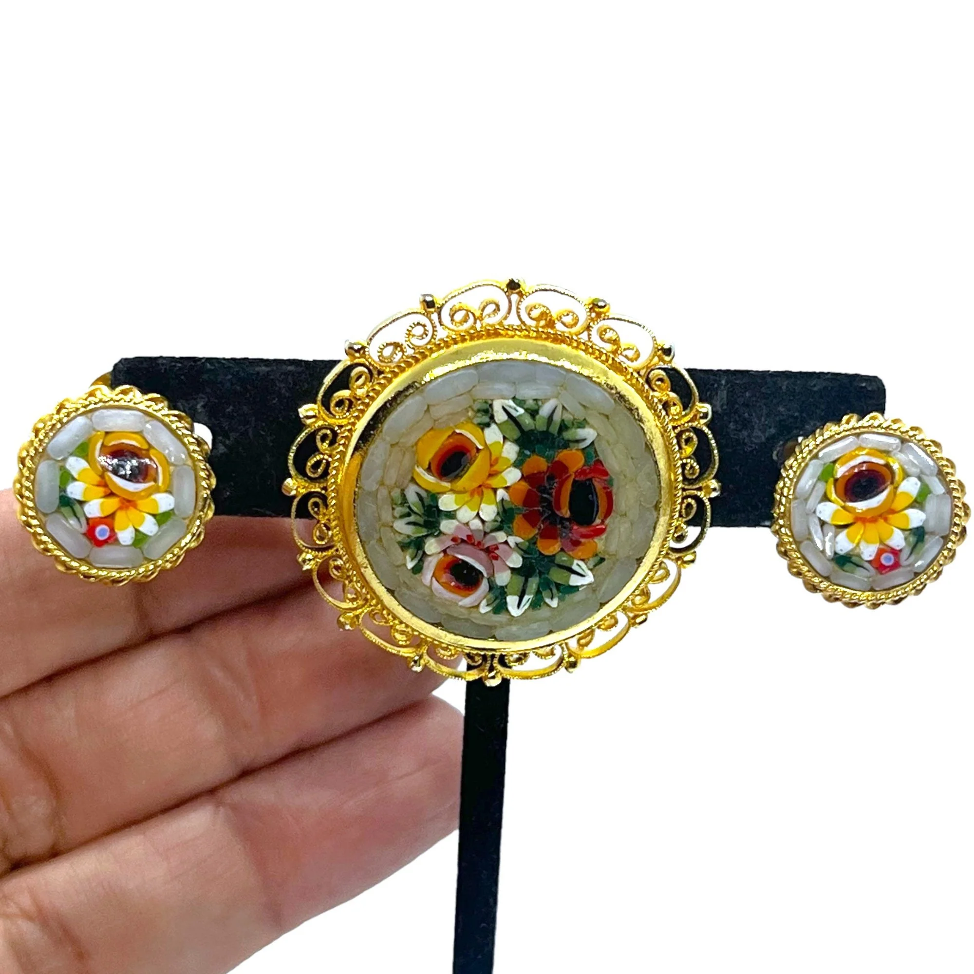 Exquisite Vintage Midcentury Micro Mosaic Set Victorian Revival Brooch Pin Earrings 50s 60s Gold Filigree Gray Floral Roses Jewelry - Image 2